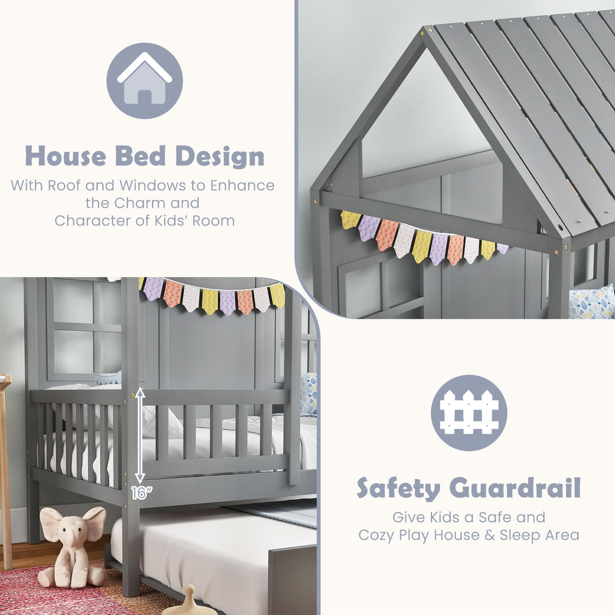 Twin Size House Bed Frame With Trundle, 82 Inch Tall Roof, Gray Toddler Beds at Gallery Canada