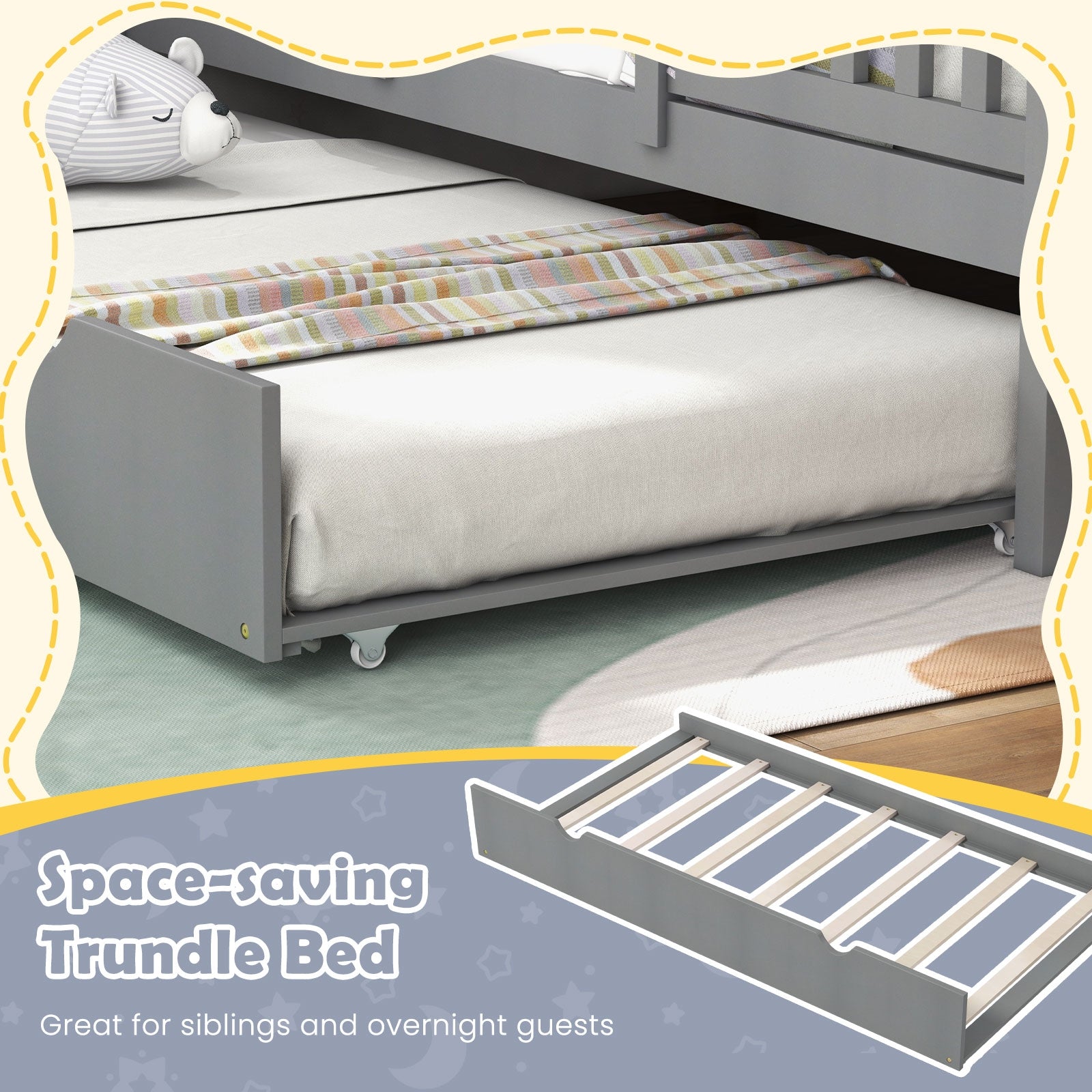 Twin Size House Bed Frame With Trundle, 82 Inch Tall Roof, Gray Toddler Beds at Gallery Canada