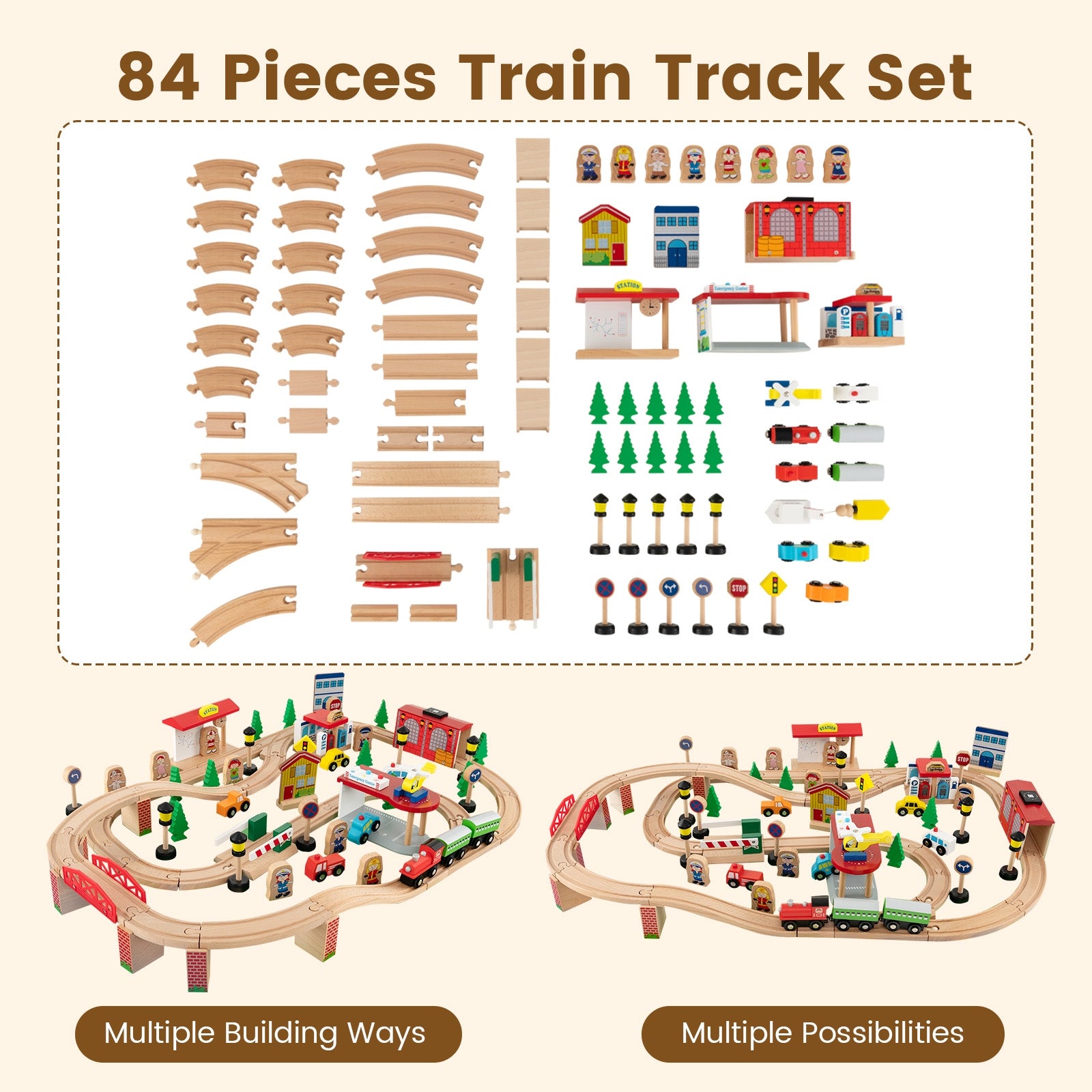 84-Piece Wooden Train Set, Reversible Detachable Tabletop Learning Toys at Gallery Canada