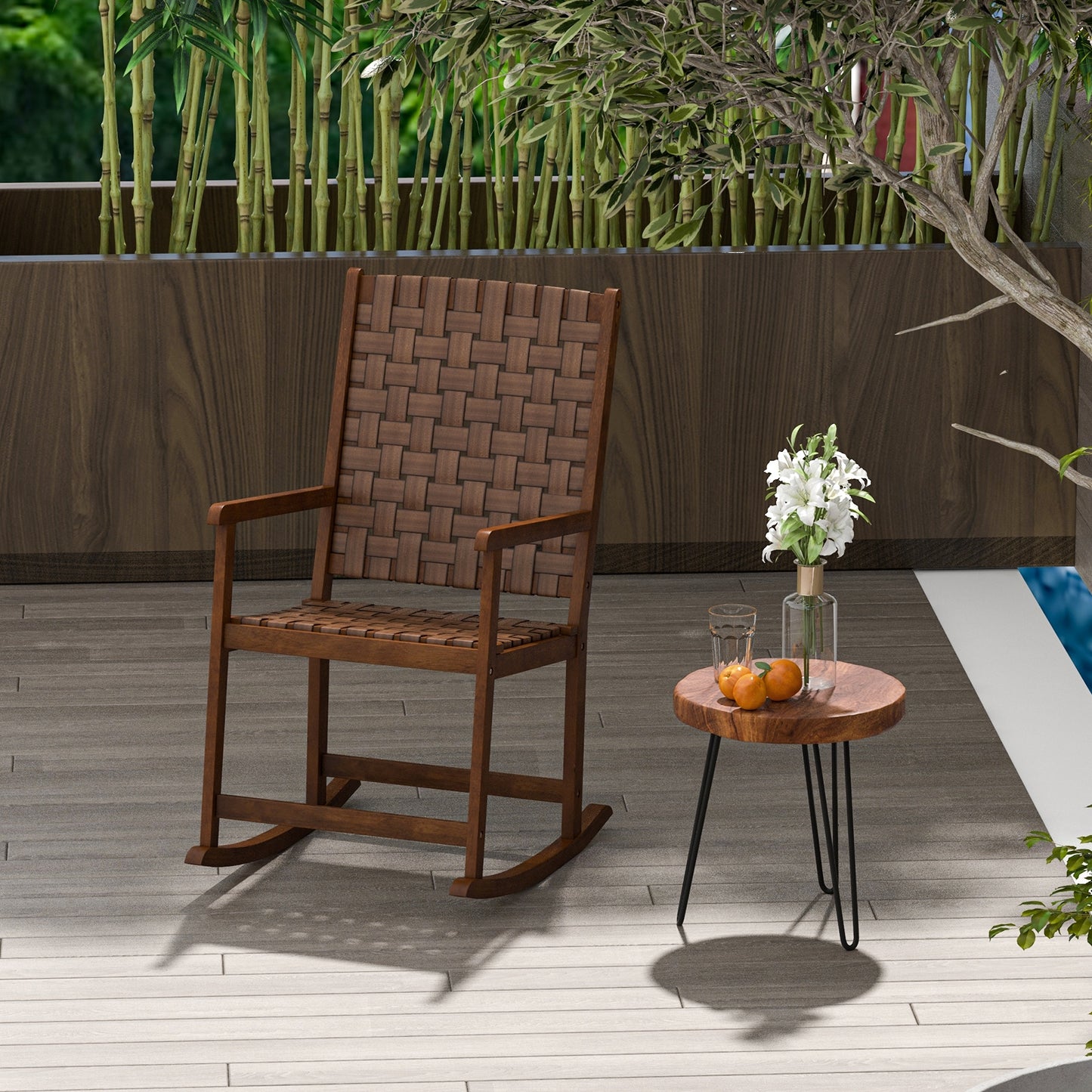 Patio Wood Rocking Chair, PU Seat, Rubber Wood Frame, Brown Patio Rocking Chairs & Gliders at Gallery Canada