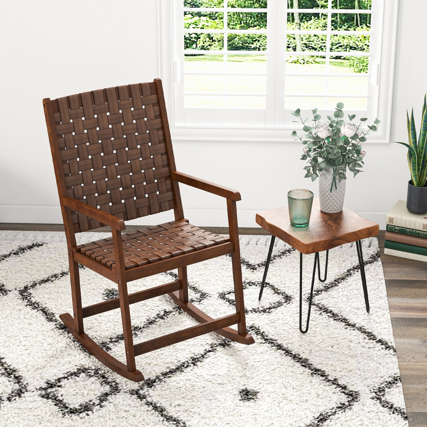 Patio Wood Rocking Chair, PU Seat, Rubber Wood Frame, Brown Patio Rocking Chairs & Gliders at Gallery Canada