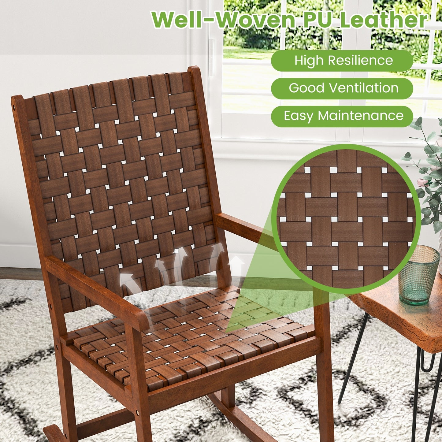 Patio Wood Rocking Chair, PU Seat, Rubber Wood Frame, Brown Patio Rocking Chairs & Gliders at Gallery Canada