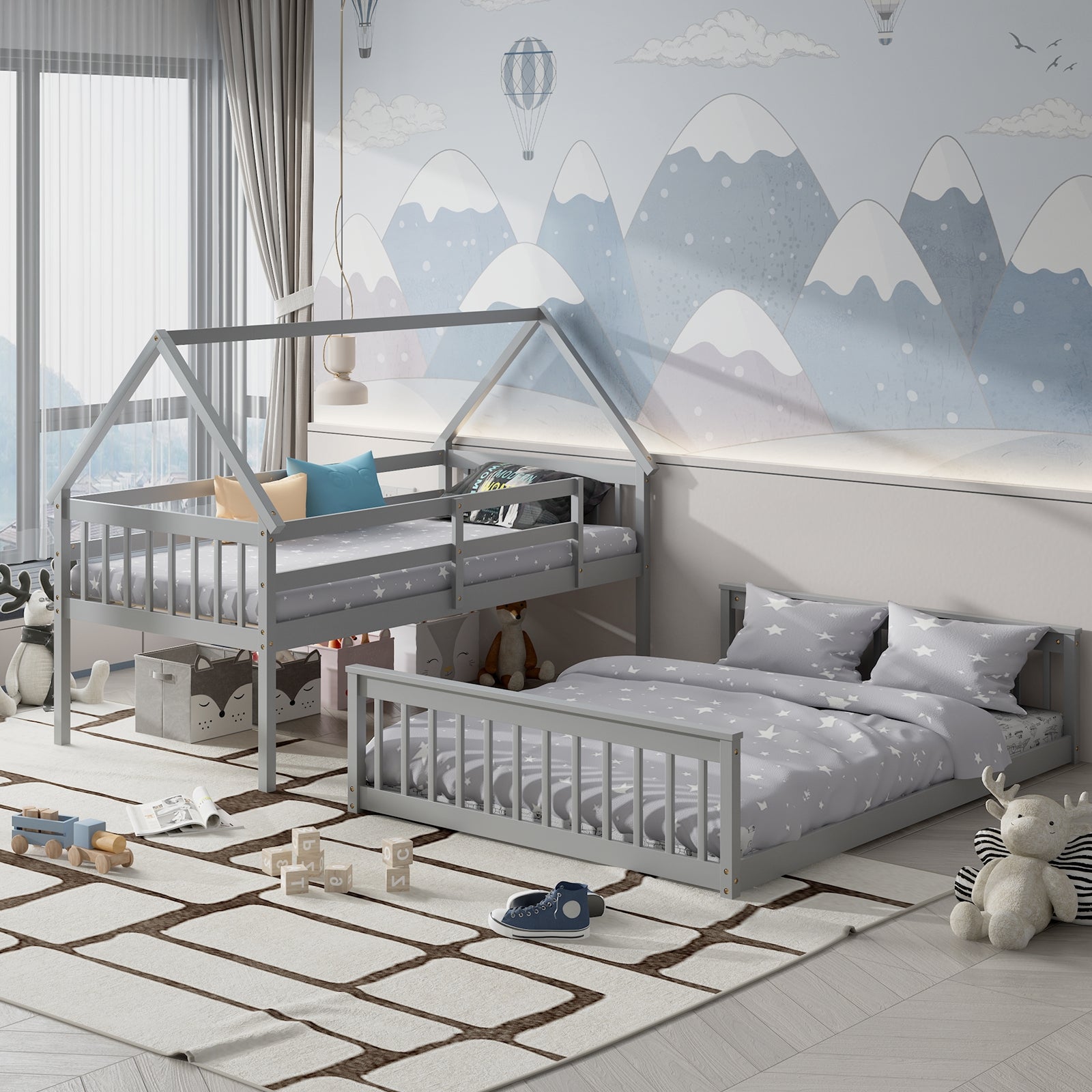 Twin Over Full Bunk Bed, With Ladder And Guardrails, Gray Bunk Bed Frame at Gallery Canada