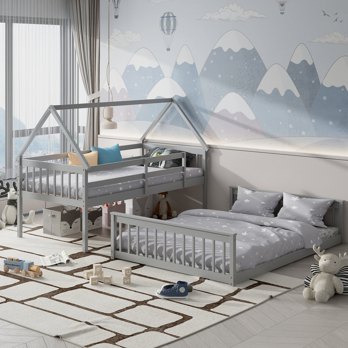 Twin Over Full Bunk Bed, With Ladder And Guardrails, Gray Bunk Bed Frame at Gallery Canada