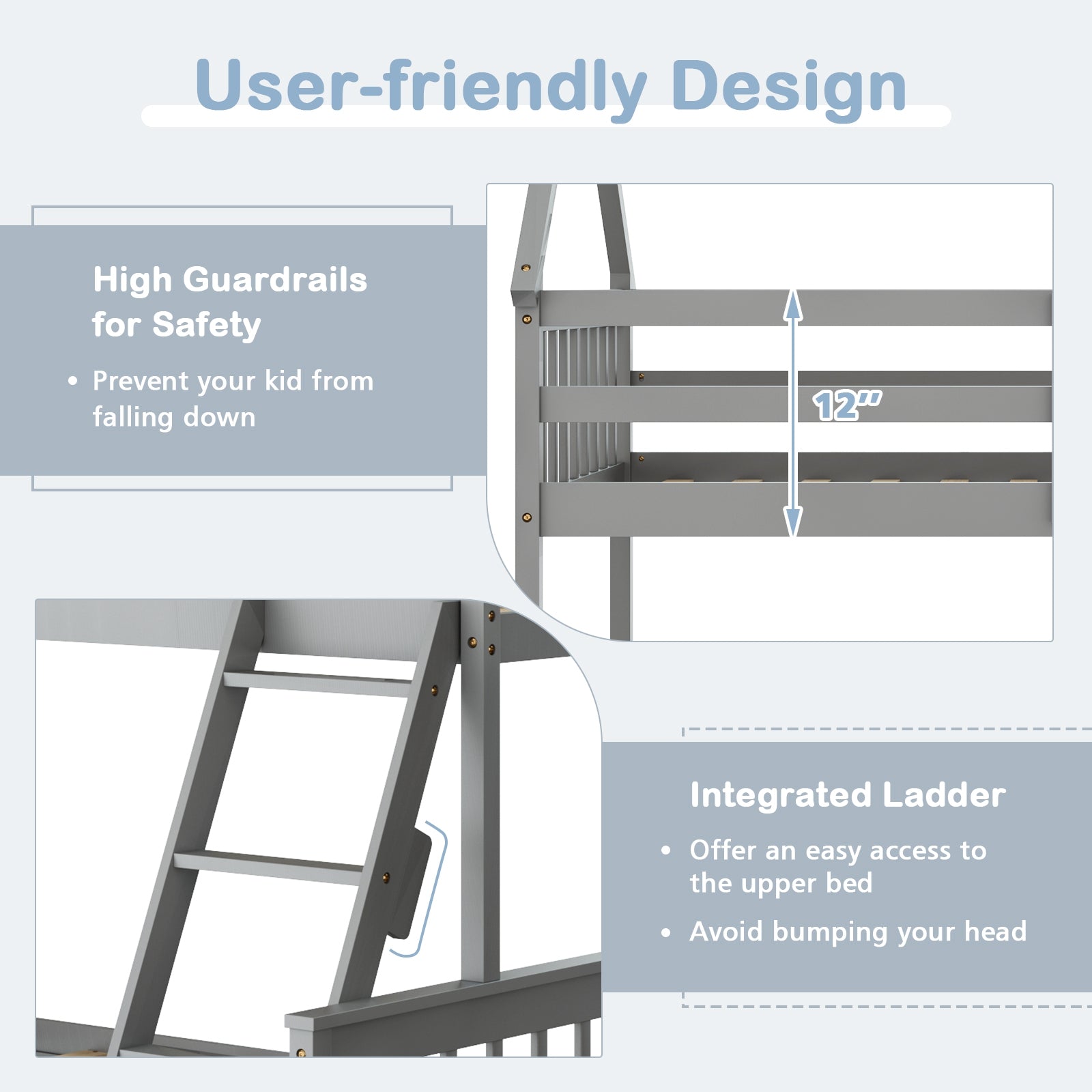 Twin Over Full Bunk Bed, With Ladder And Guardrails, Gray Bunk Bed Frame at Gallery Canada