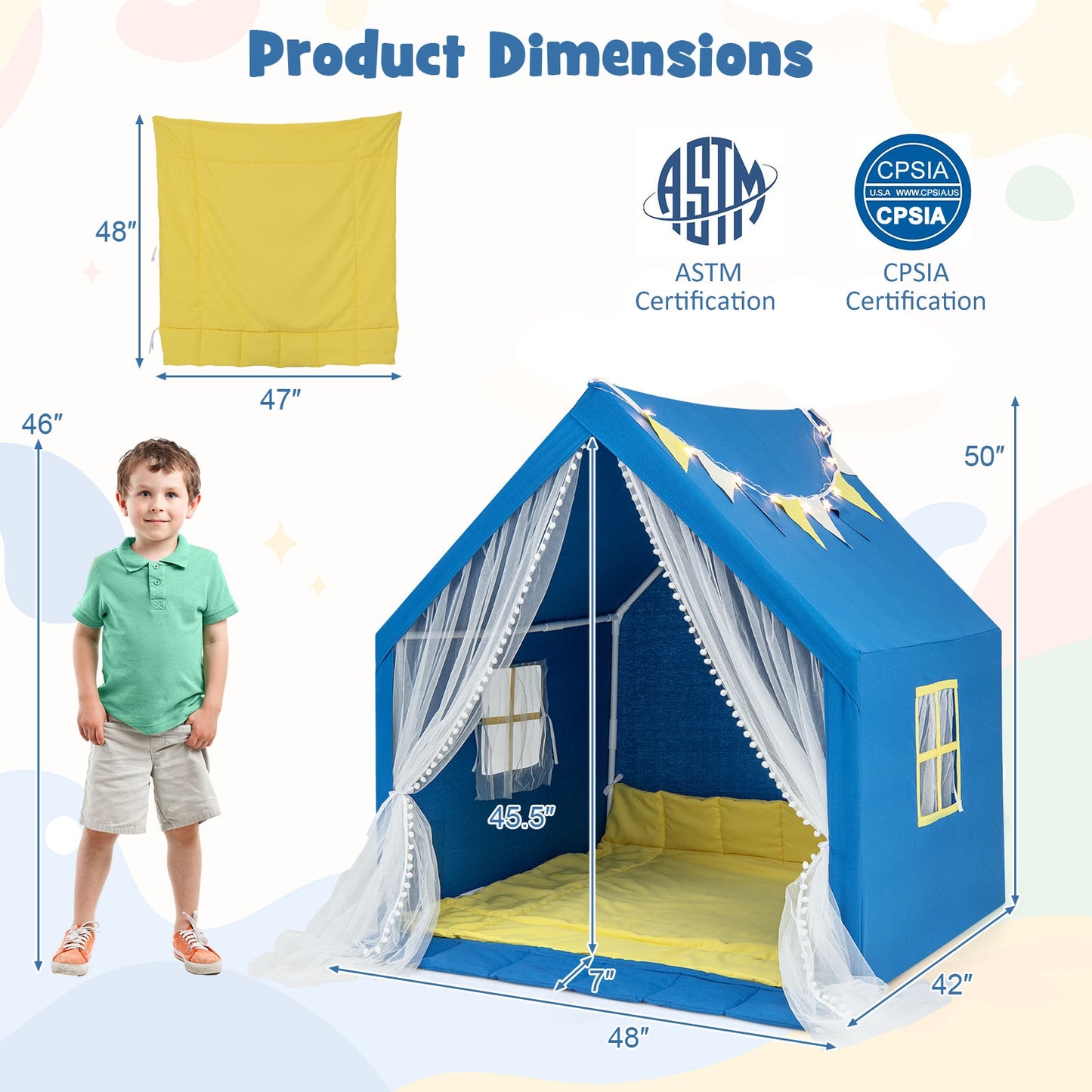 48 x 42 x 50 Inch Large Play Tent, Washable Cotton Mat, Blue Play Tents & Playhouse at Gallery Canada