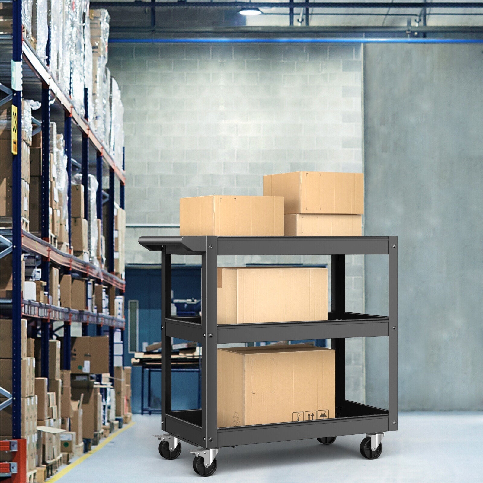 3-Tier Metal Utility Cart, 2 Lockable Wheels, Black Garages at Gallery Canada