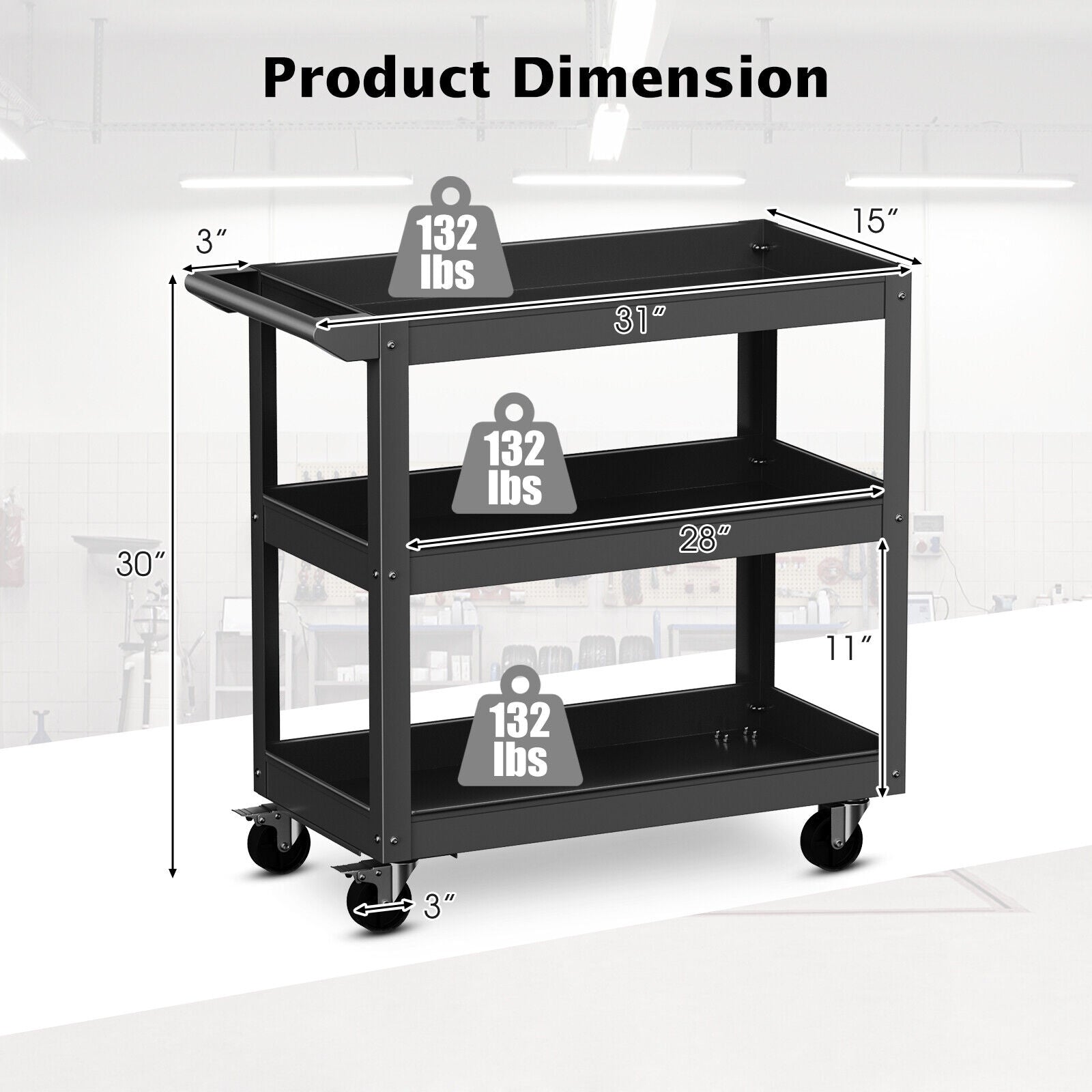 3-Tier Metal Utility Cart, 2 Lockable Wheels, Black Garages at Gallery Canada