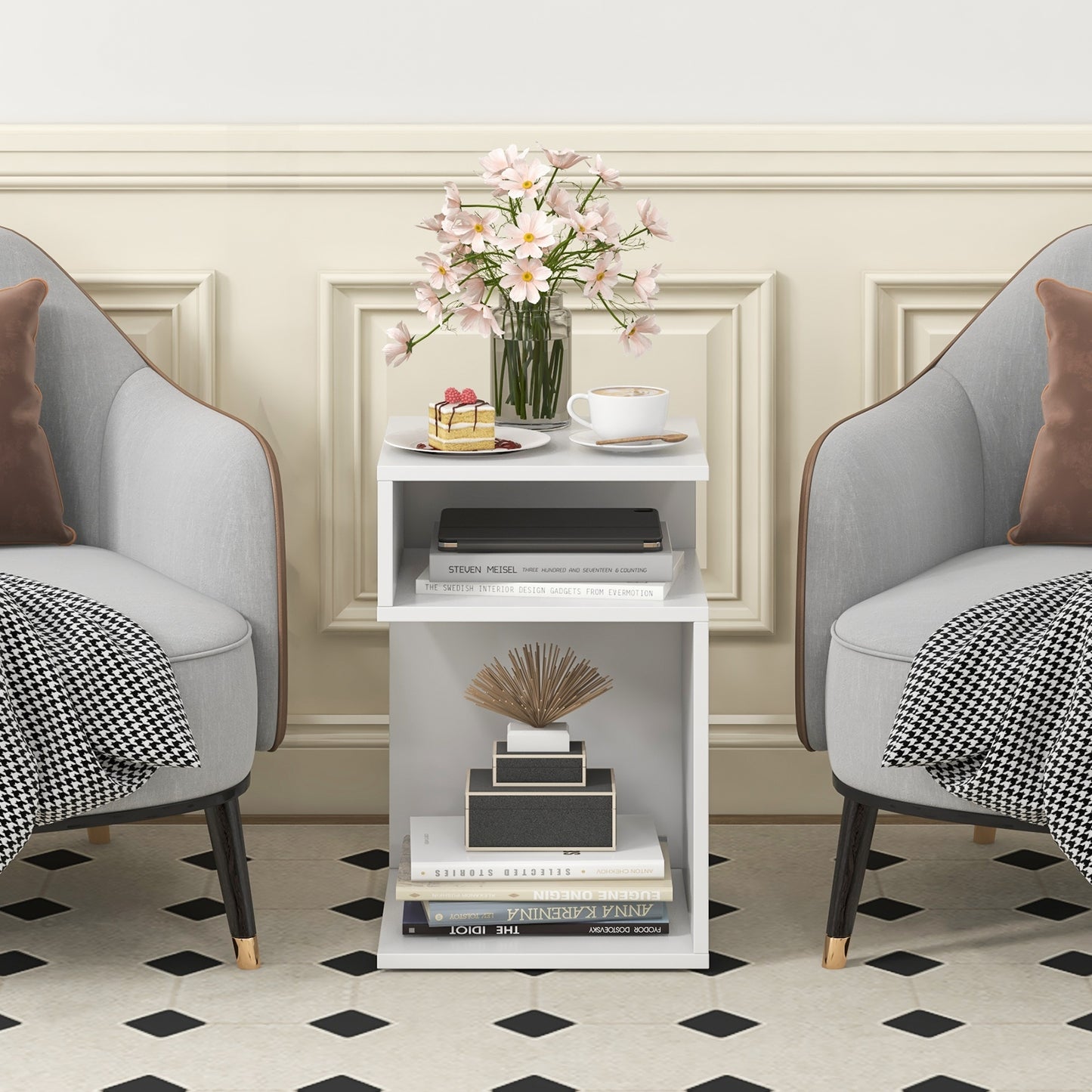 S-Shaped Side Table, 2 Open Compartments, White Nightstands at Gallery Canada