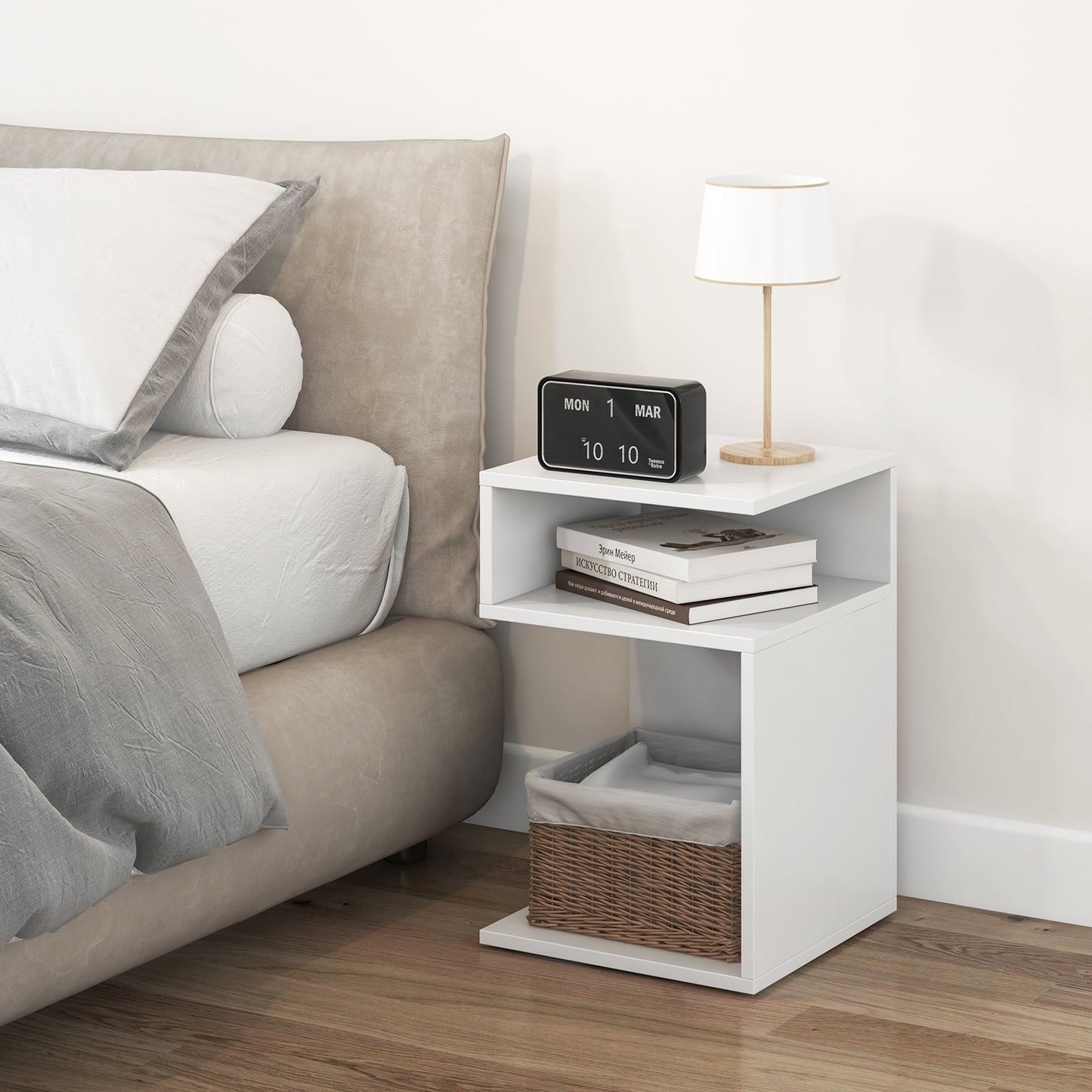 S-Shaped Side Table, 2 Open Compartments, White Nightstands at Gallery Canada