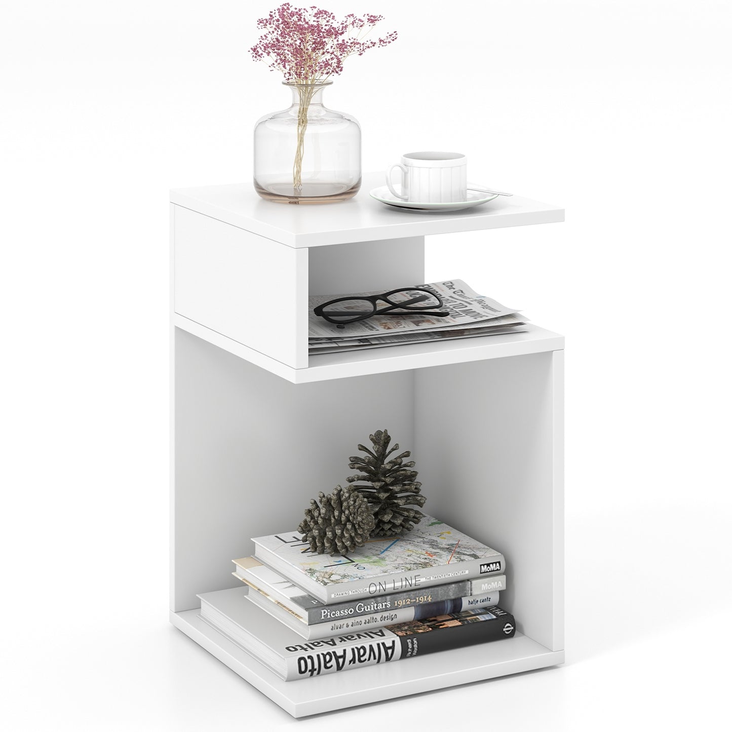 S-Shaped Side Table, 2 Open Compartments, White Nightstands at Gallery Canada