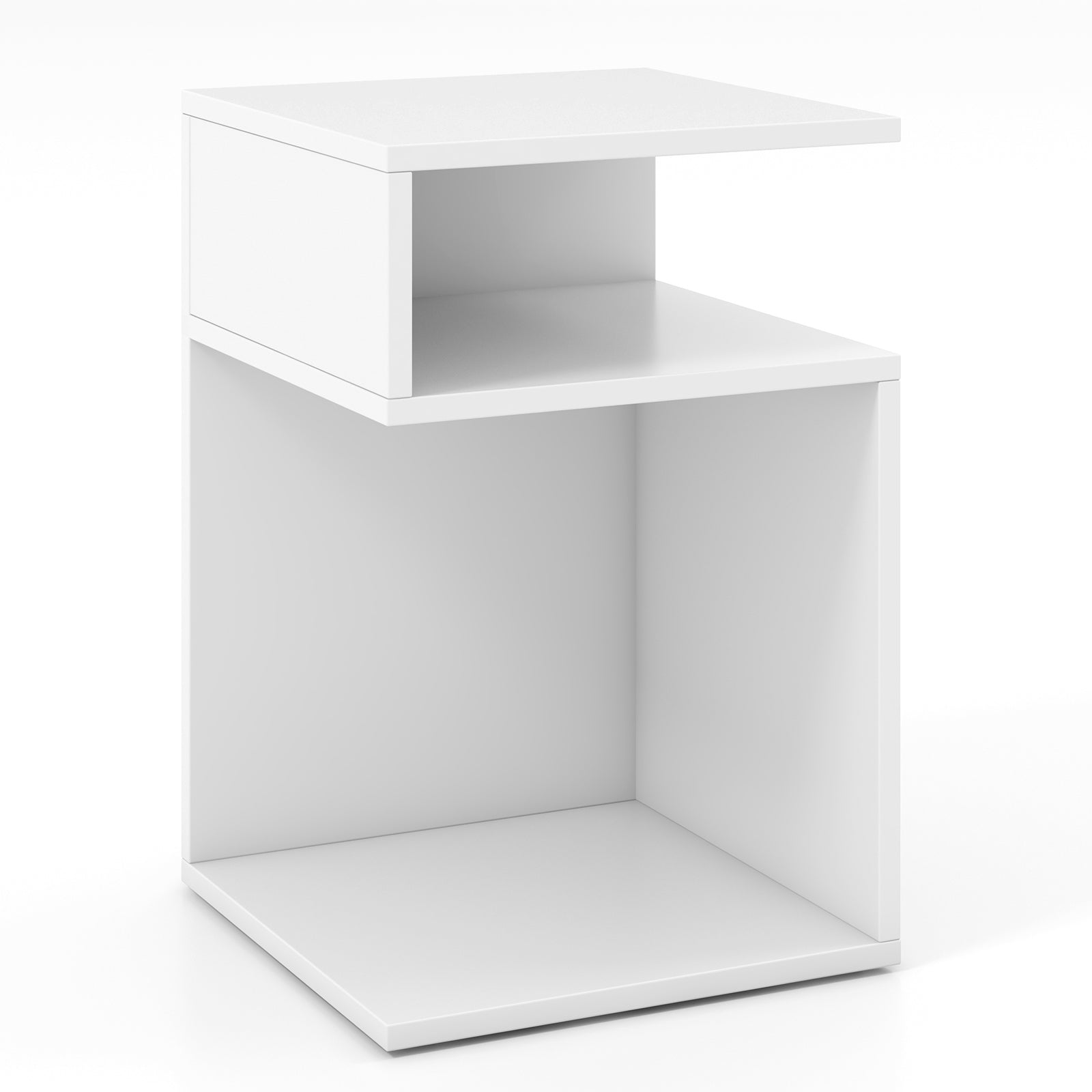 S-Shaped Side Table, 2 Open Compartments, White Nightstands at Gallery Canada