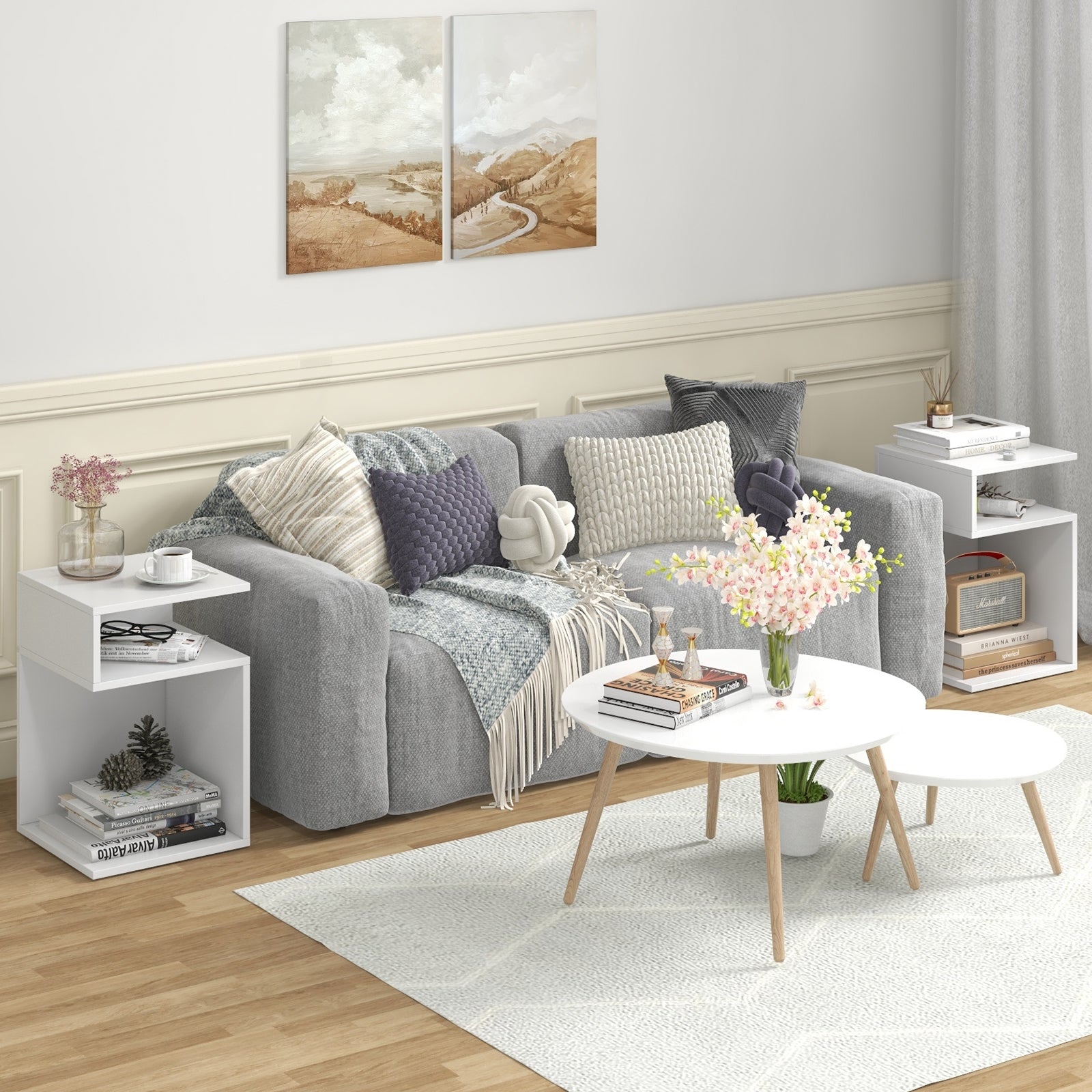 S-Shaped Side Table, 2 Open Compartments, White Nightstands at Gallery Canada