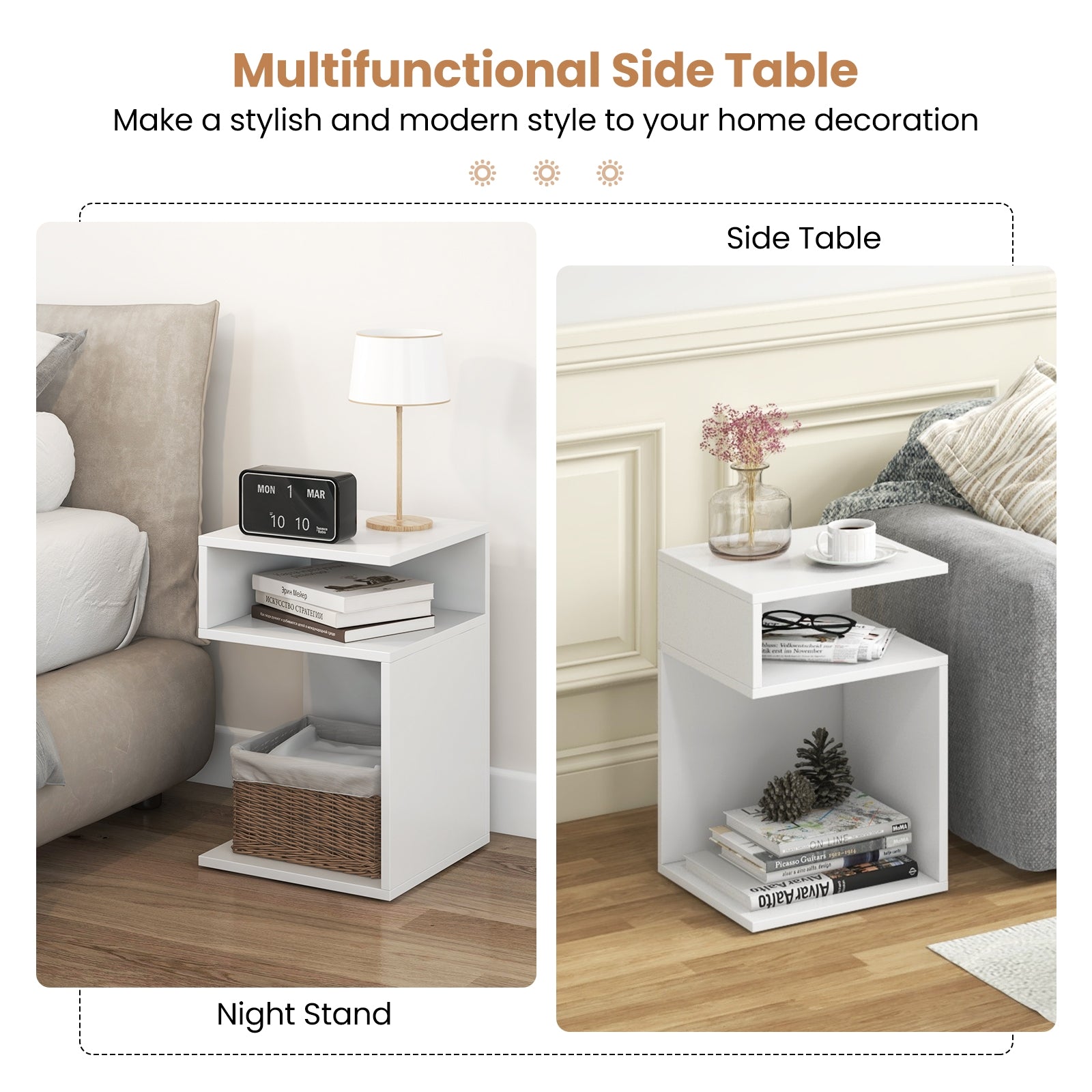 S-Shaped Side Table, 2 Open Compartments, White Nightstands at Gallery Canada