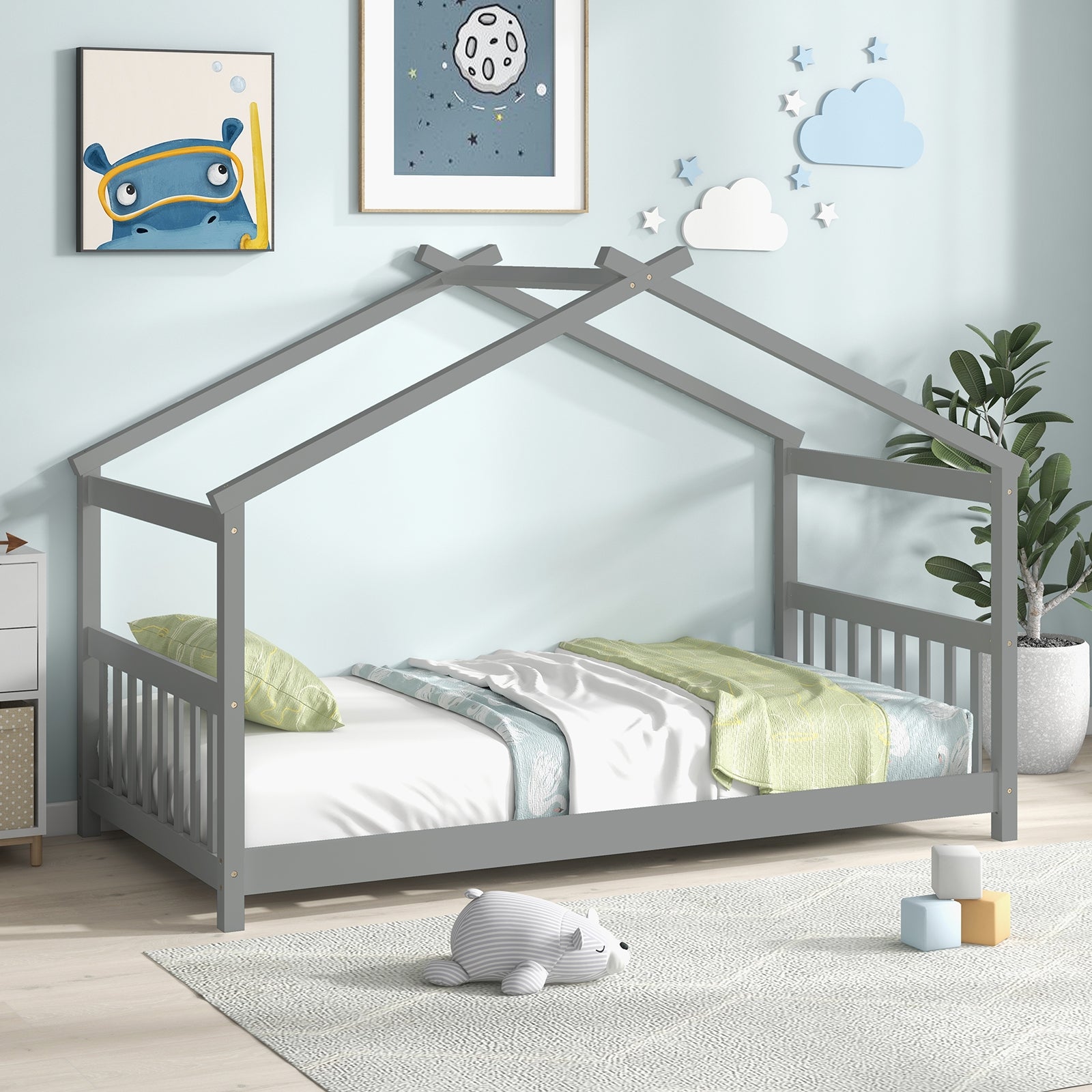 Twin Size Wooden House Bed With Roof, Gray Simple Bed Frame at Gallery Canada