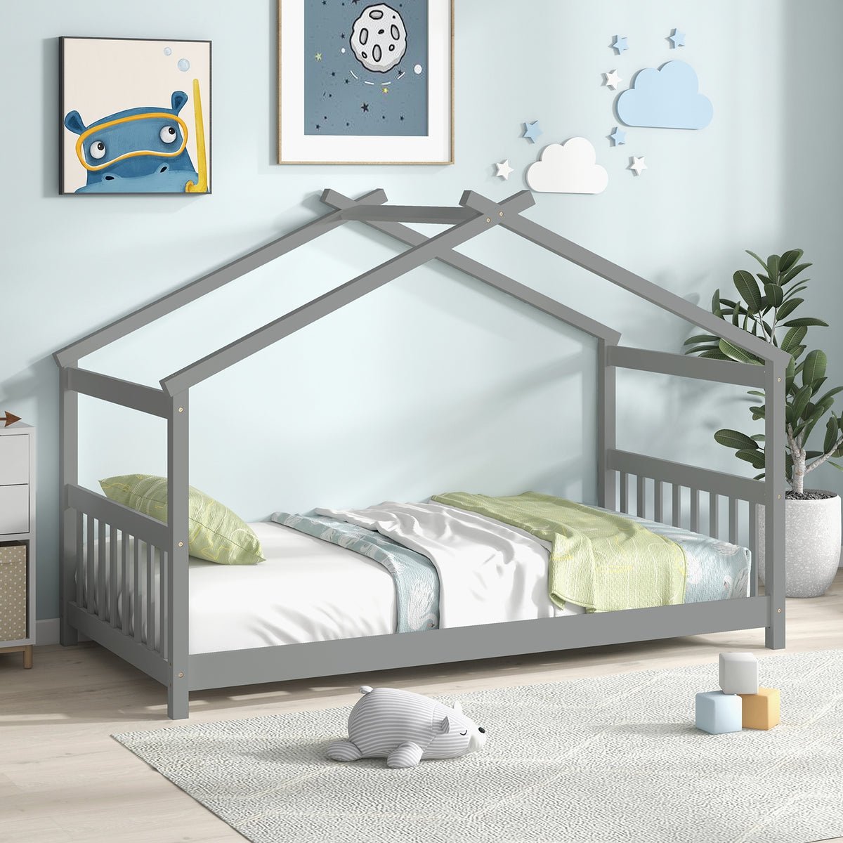 Twin Size Wooden House Bed With Roof, Gray Simple Bed Frame at Gallery Canada