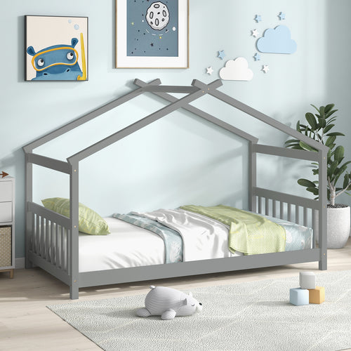 Twin Size Wooden House Bed With Roof, Gray