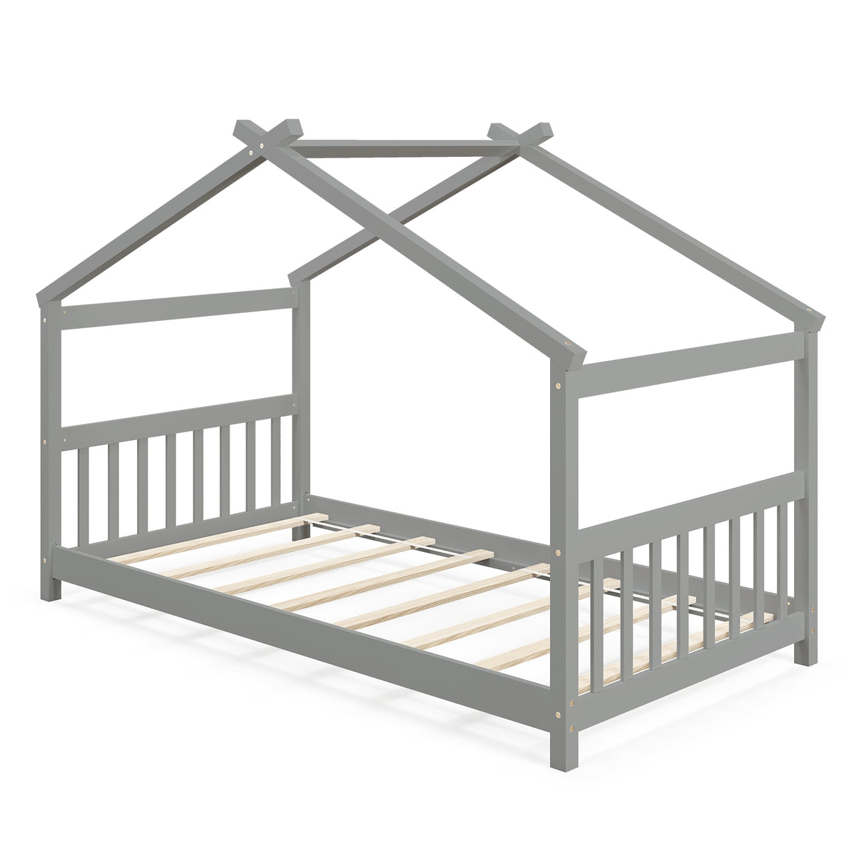 Twin Size Wooden House Bed With Roof, Gray Simple Bed Frame Gray at Gallery Canada