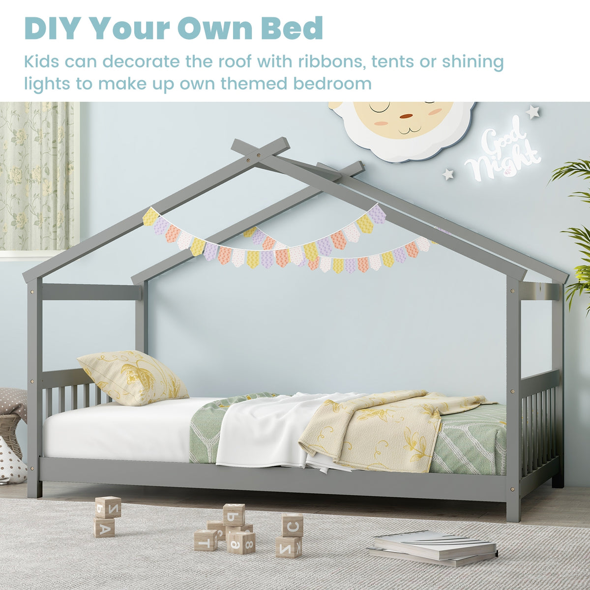 Twin Size Wooden House Bed With Roof, Gray Simple Bed Frame at Gallery Canada