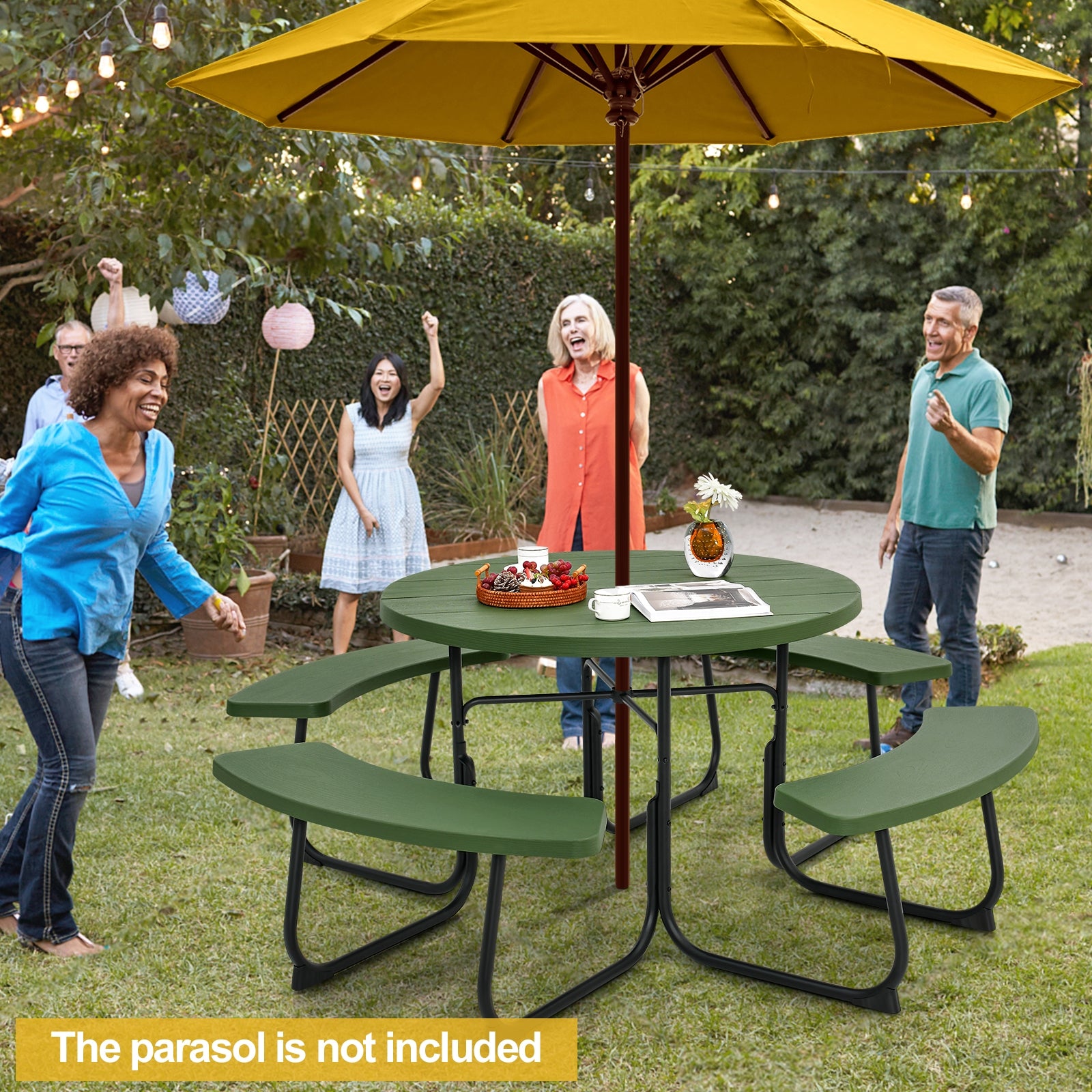 8-Person Picnic Table With Bench Set, Umbrella Hole, Green Picnic Tables at Gallery Canada