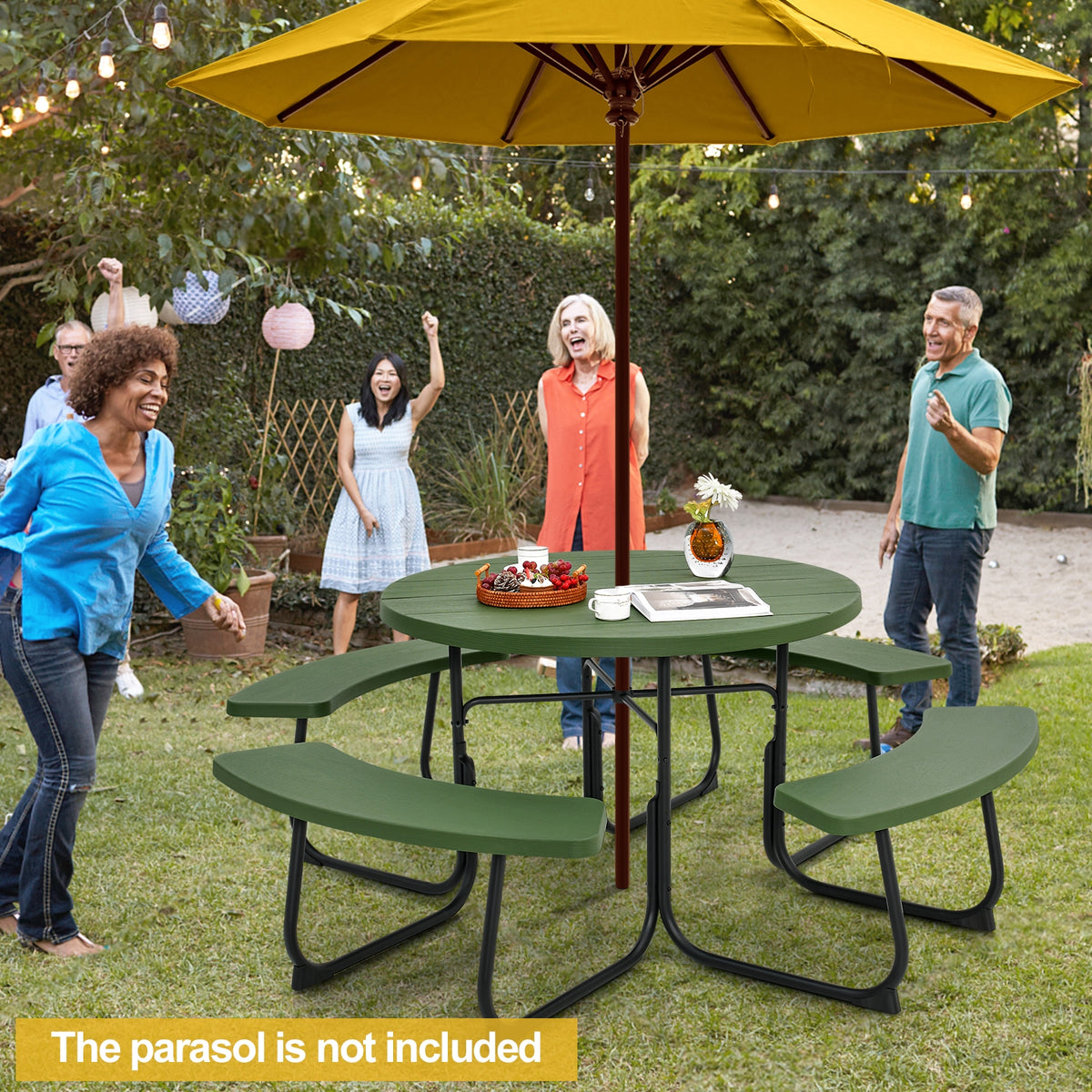 8-Person Picnic Table With Bench Set, Umbrella Hole, Green Picnic Tables at Gallery Canada