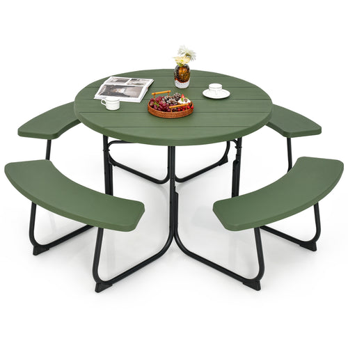 8-Person Picnic Table With Bench Set, Umbrella Hole, Green