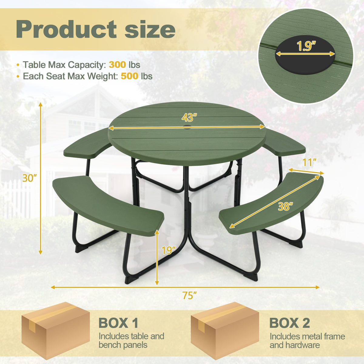 8-Person Picnic Table With Bench Set, Umbrella Hole, Green Picnic Tables at Gallery Canada