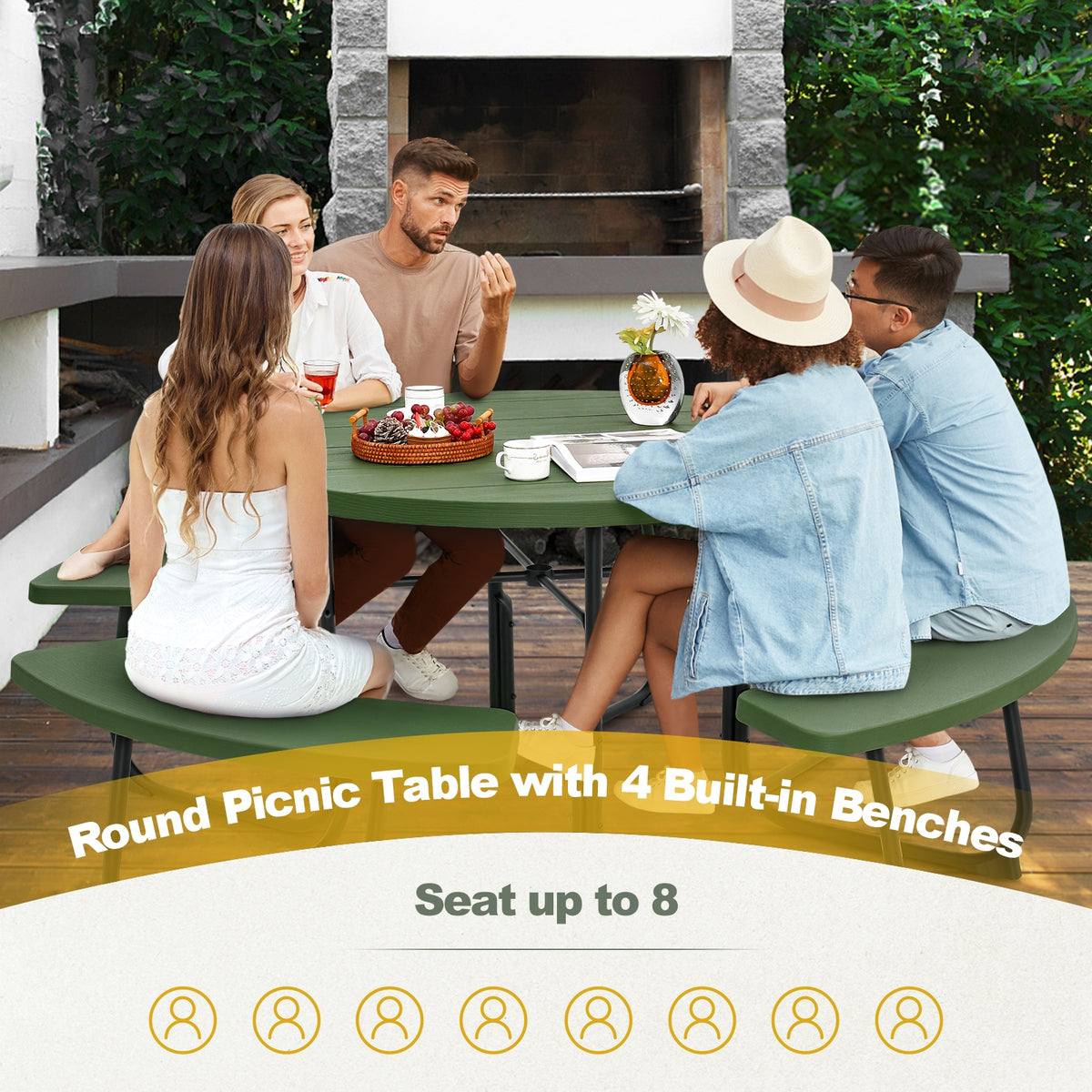 8-Person Picnic Table With Bench Set, Umbrella Hole, Green Picnic Tables at Gallery Canada