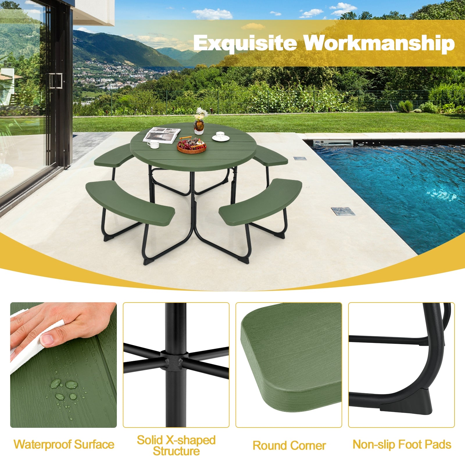8-Person Picnic Table With Bench Set, Umbrella Hole, Green Picnic Tables at Gallery Canada