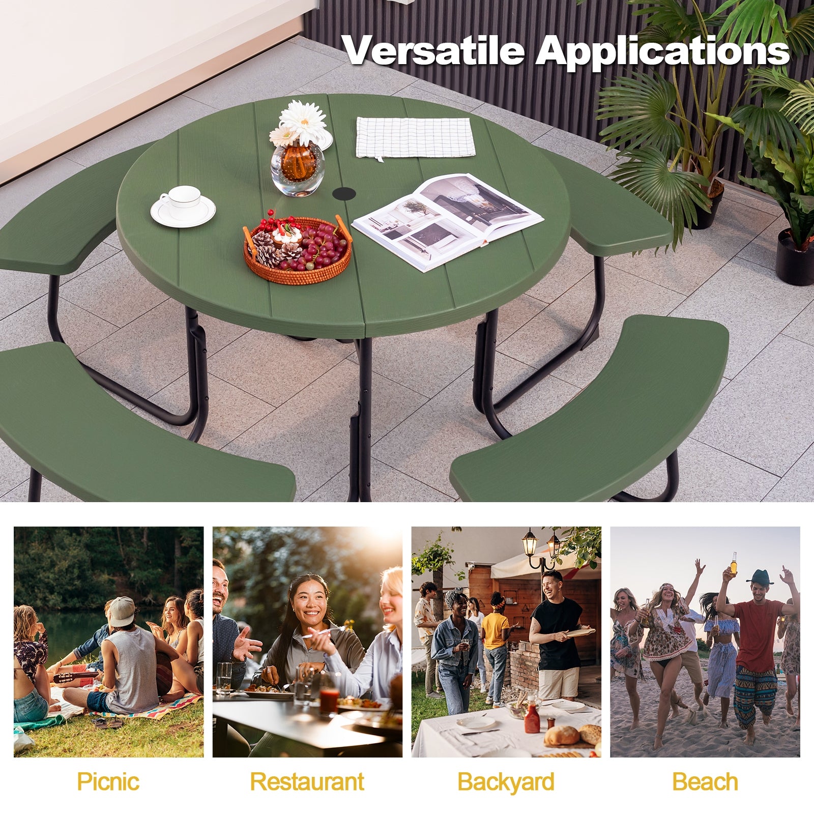 8-Person Picnic Table With Bench Set, Umbrella Hole, Green Picnic Tables at Gallery Canada