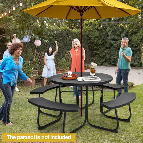 8-Person Picnic Table Bench Set, Umbrella Hole, Black