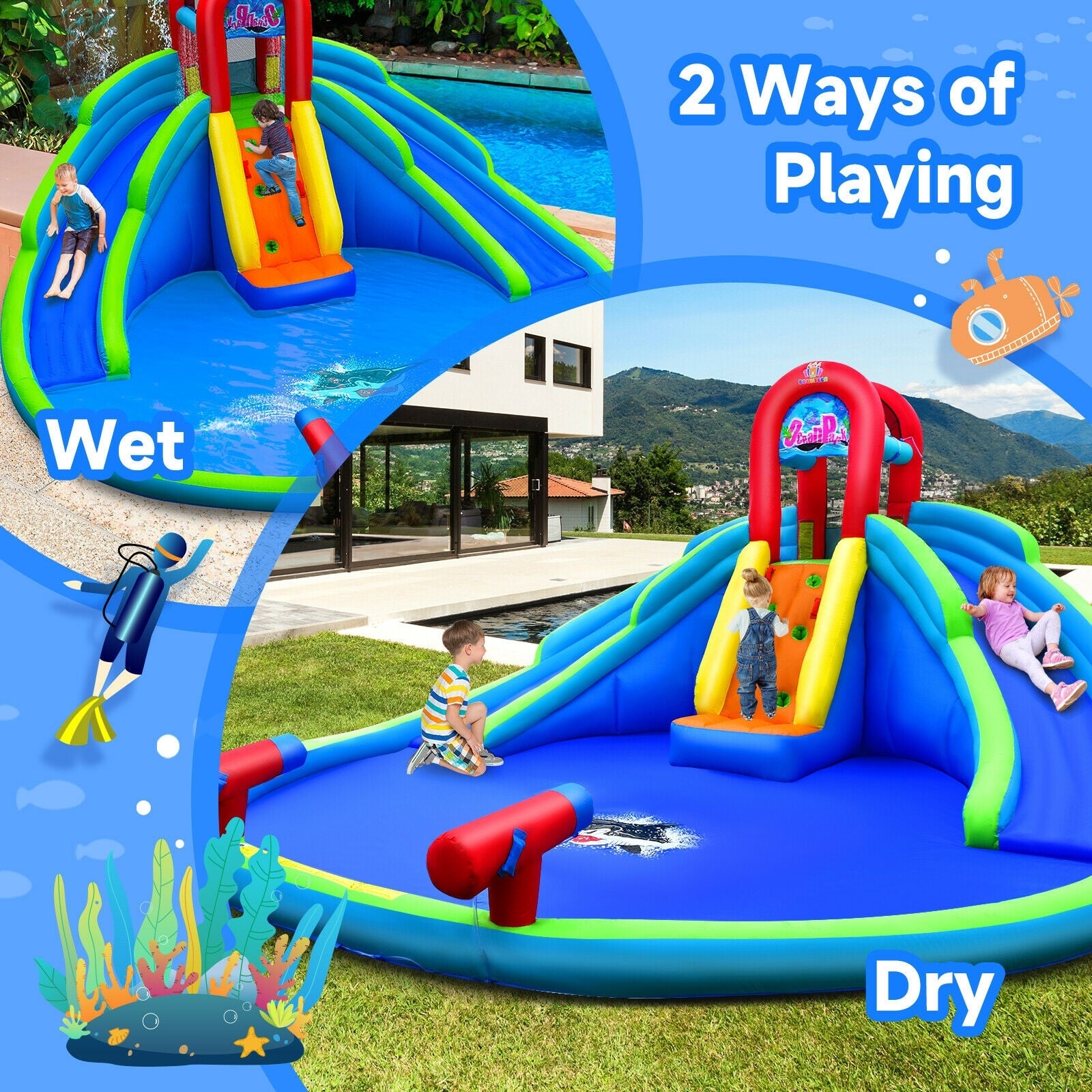 Inflatable Waterslide Bounce House, Upgraded Handrail, No Blower, Blue Bounce House at Gallery Canada