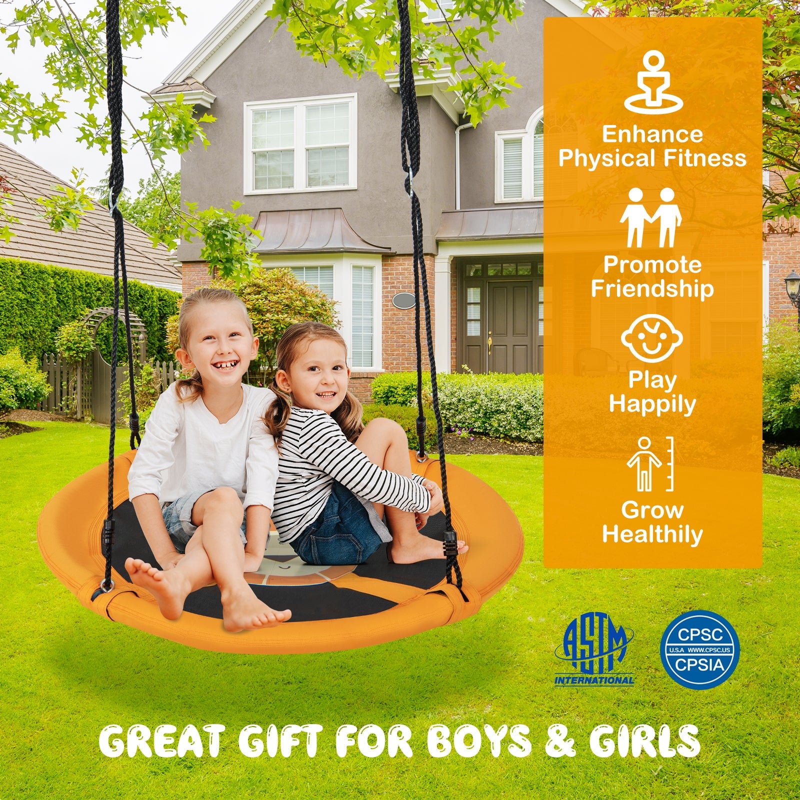 40 Inches Saucer Tree Swing, Round, Adjustable Ropes, Yellow Swing & Playsets at Gallery Canada