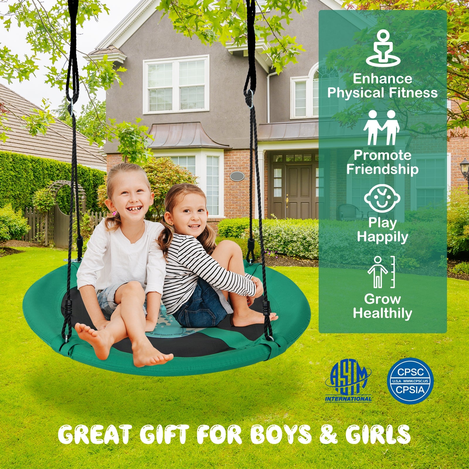 40 Inches Saucer Tree Swing, Round, Adjustable Ropes, Carabiners, Green Swing & Playsets at Gallery Canada