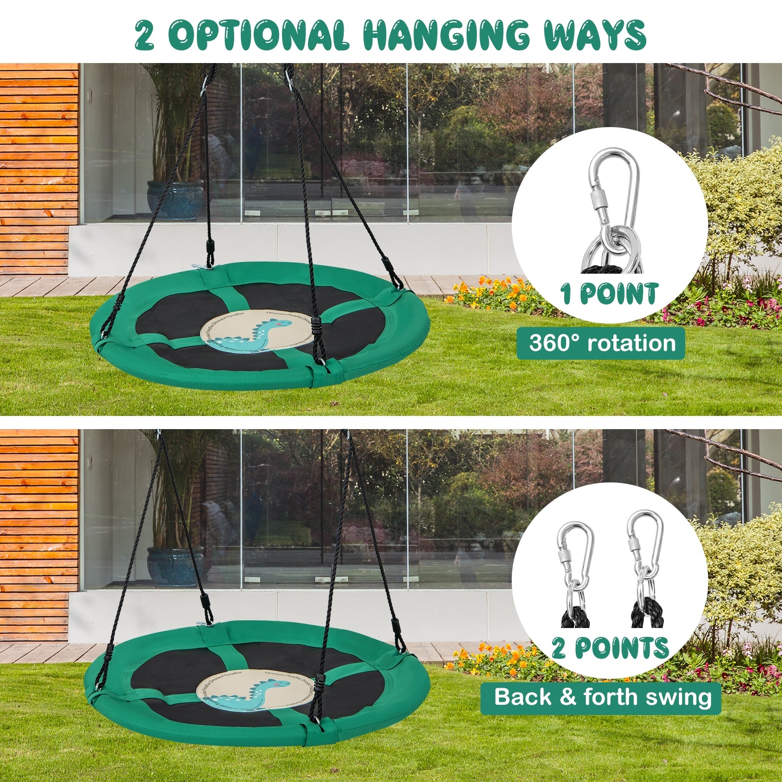 40 Inches Saucer Tree Swing, Round, Adjustable Ropes, Carabiners, Green Swing & Playsets at Gallery Canada