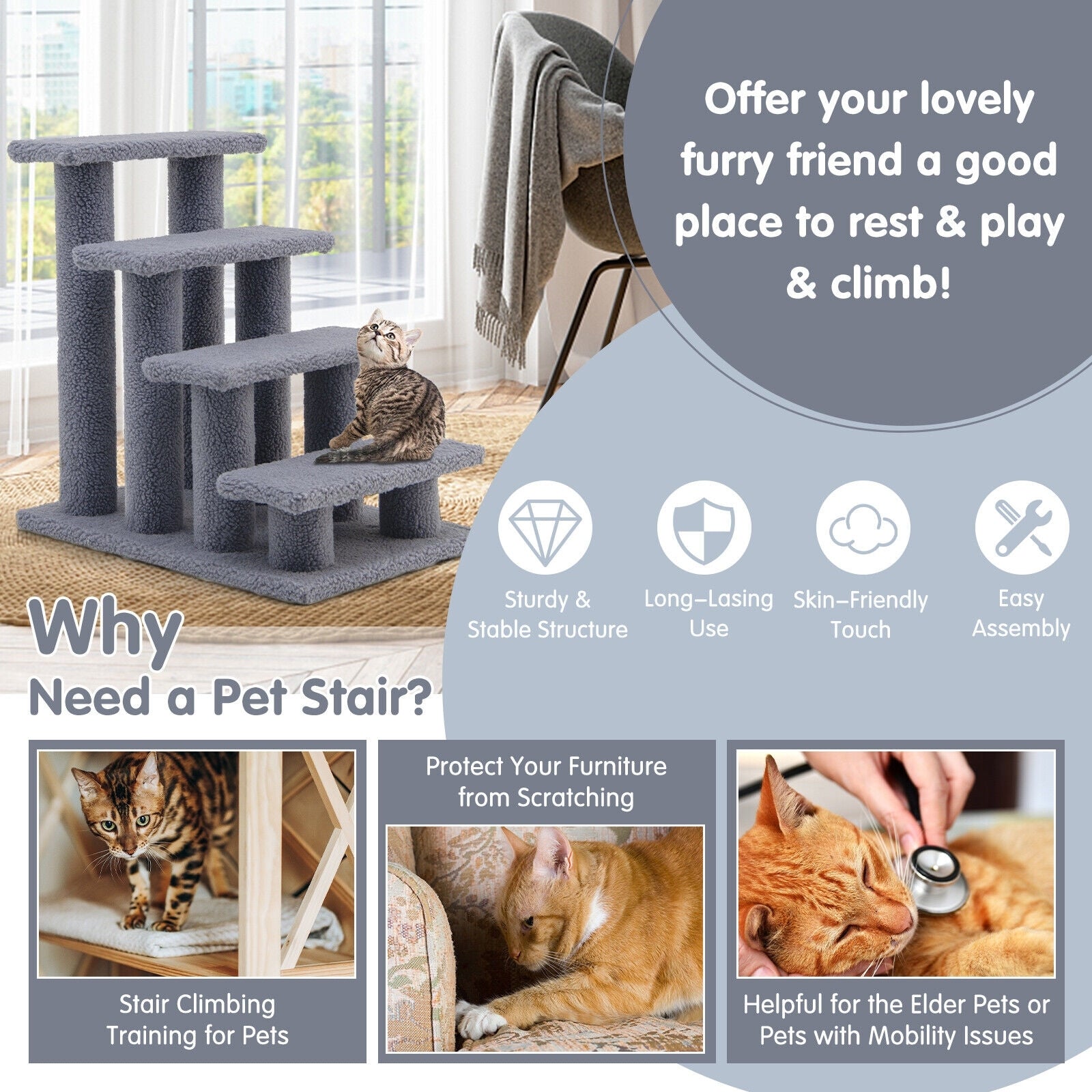 24 Inch Pet Stairs, Carpeted Ladder Ramp, Cat Tree Climber, Gray Cat Trees Condos & Scratchers at Gallery Canada