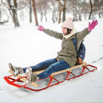 54 Inch Kids Wooden Snow Sled, Metal Runners, Steering Bar, Red Winter Sports & Activities at Gallery Canada