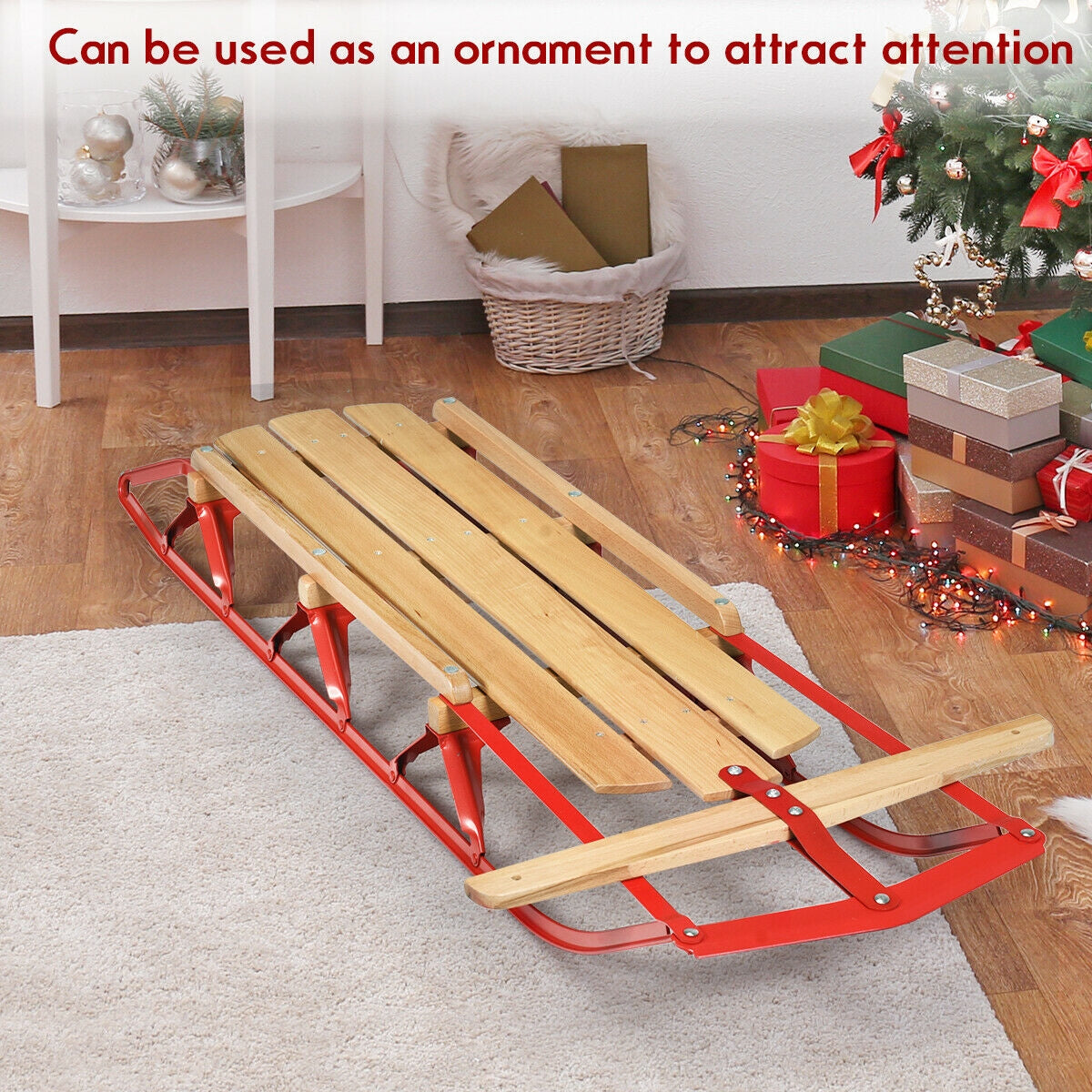 54 Inch Kids Wooden Snow Sled, Metal Runners, Steering Bar, Red Winter Sports & Activities at Gallery Canada
