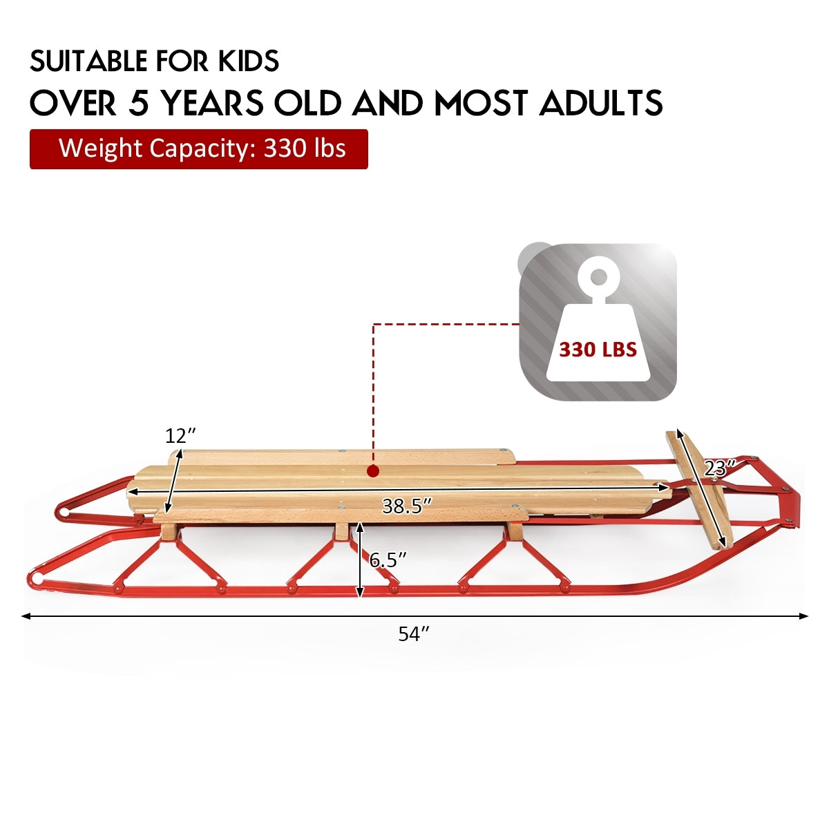 54 Inch Kids Wooden Snow Sled, Metal Runners, Steering Bar, Red Winter Sports & Activities at Gallery Canada