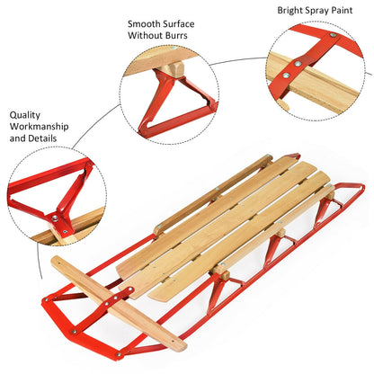 54 Inch Kids Wooden Snow Sled, Metal Runners, Steering Bar, Red Winter Sports & Activities at Gallery Canada
