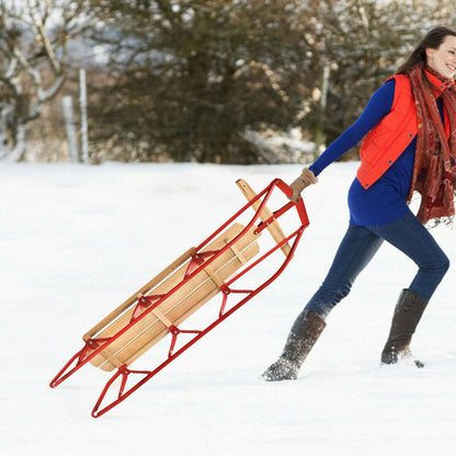 54 Inch Kids Wooden Snow Sled, Metal Runners, Steering Bar, Red Winter Sports & Activities at Gallery Canada