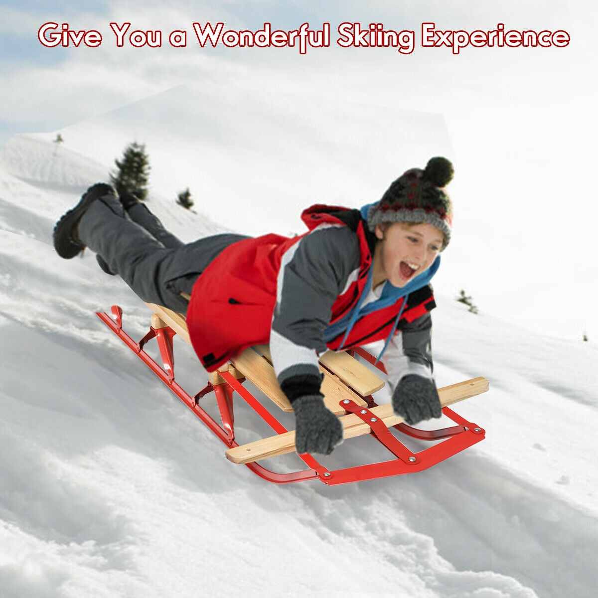 54 Inch Kids Wooden Snow Sled, Metal Runners, Steering Bar, Red Winter Sports & Activities at Gallery Canada