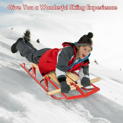 54 Inch Kids Wooden Snow Sled, Metal Runners, Steering Bar, Red Winter Sports & Activities at Gallery Canada