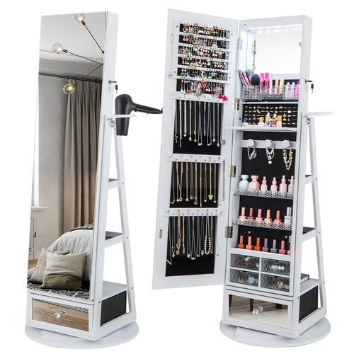 Lockable 360° Swivel Jewelry Cabinet, Full-Length Mirror LED Lights, White