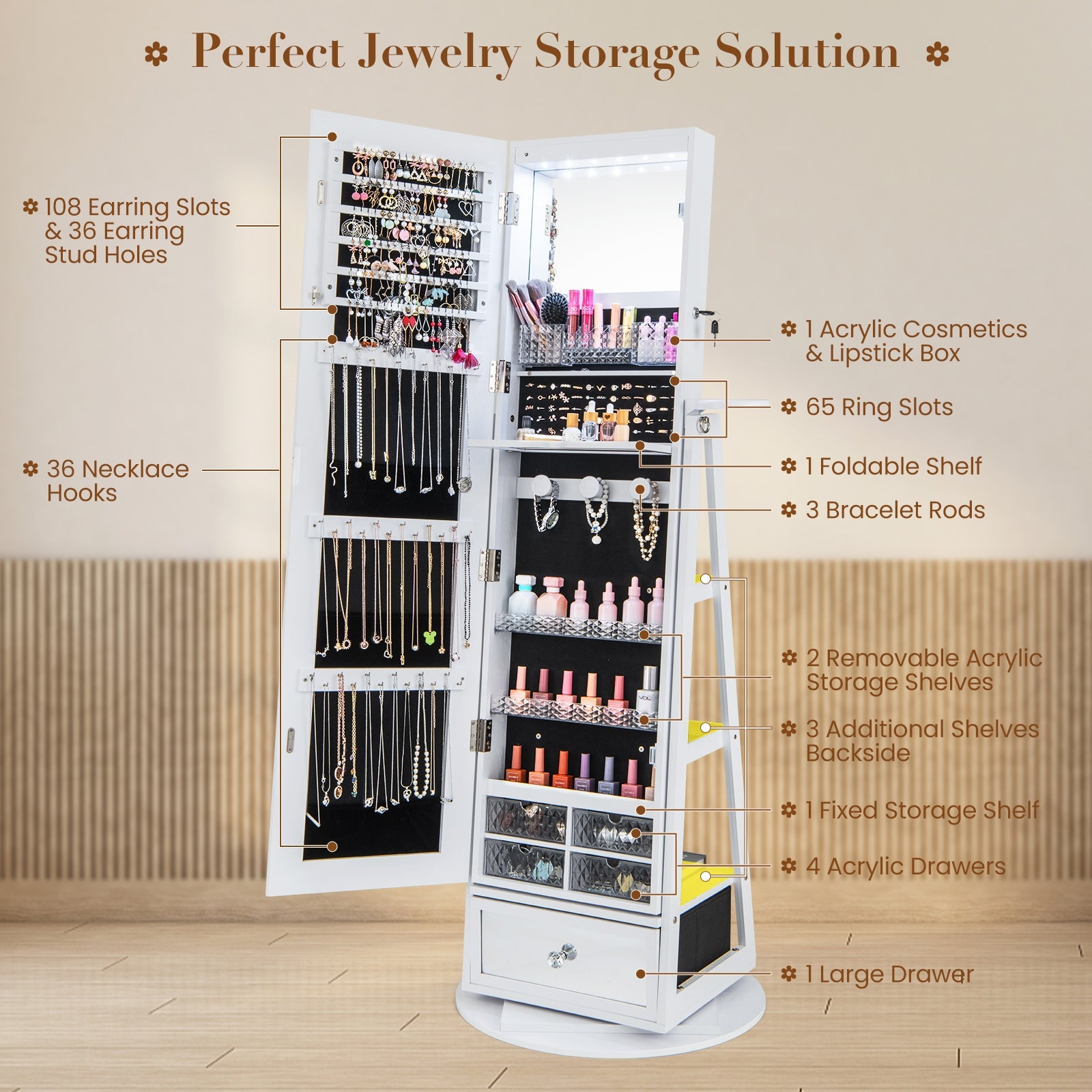 Lockable 360° Swivel Jewelry Cabinet, Full-Length Mirror LED Lights, White Jewelry Armoires at Gallery Canada