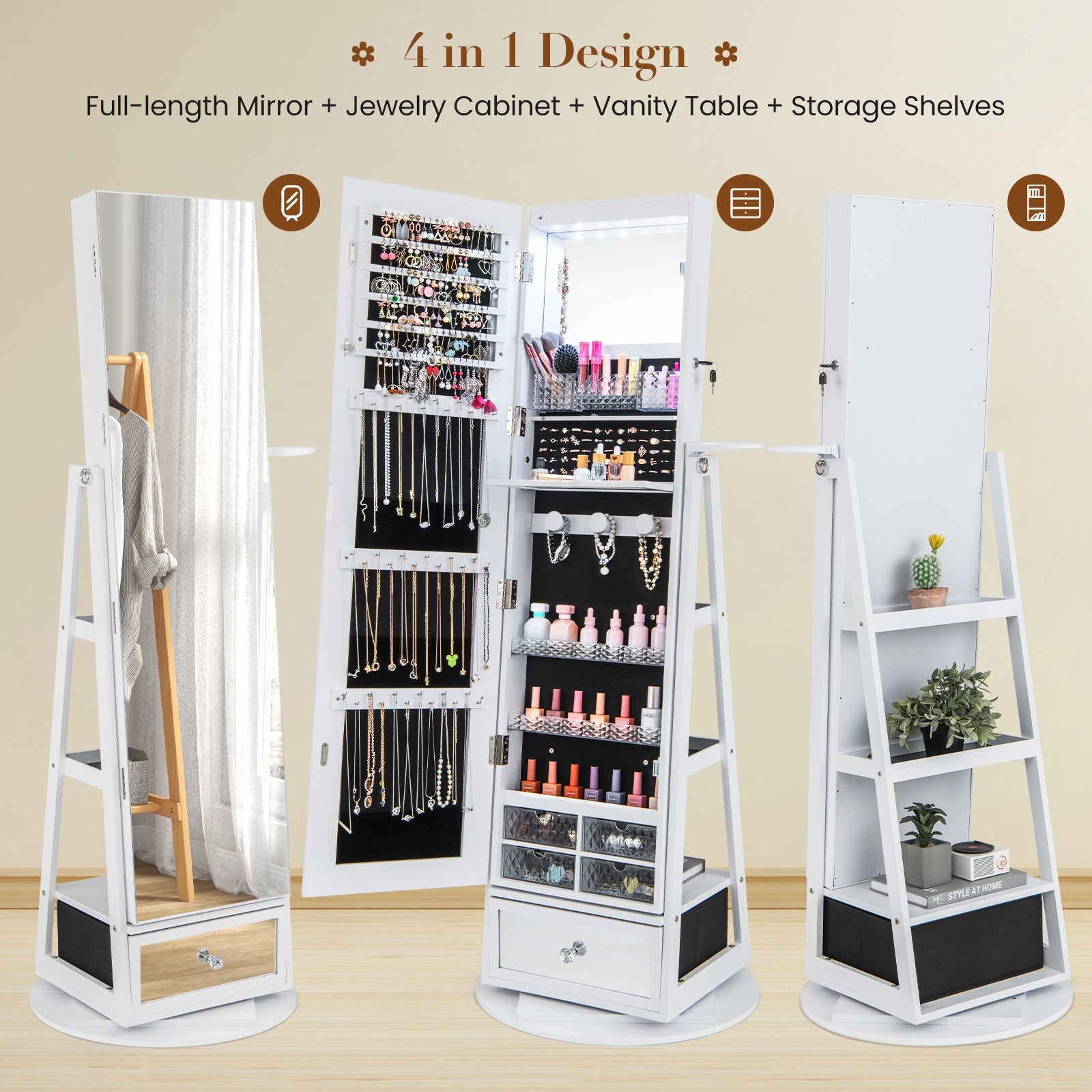 Lockable 360° Swivel Jewelry Cabinet, Full-Length Mirror LED Lights, White Jewelry Armoires at Gallery Canada