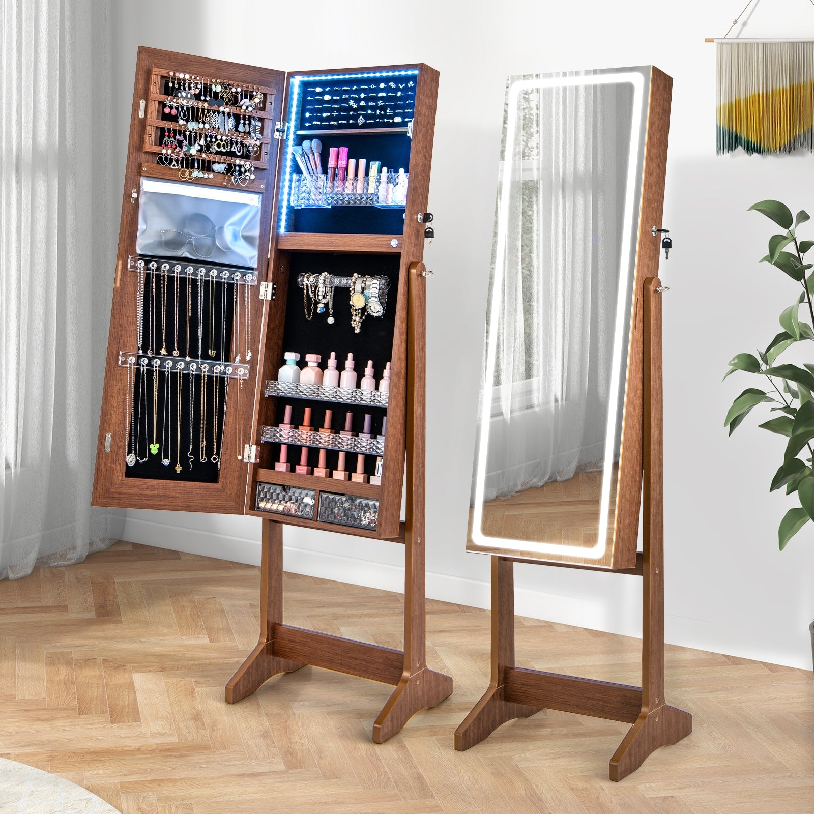 Lockable Jewelry Armoire, Walnut, With Lighted Full-Length Mirror Jewelry Armoires at Gallery Canada