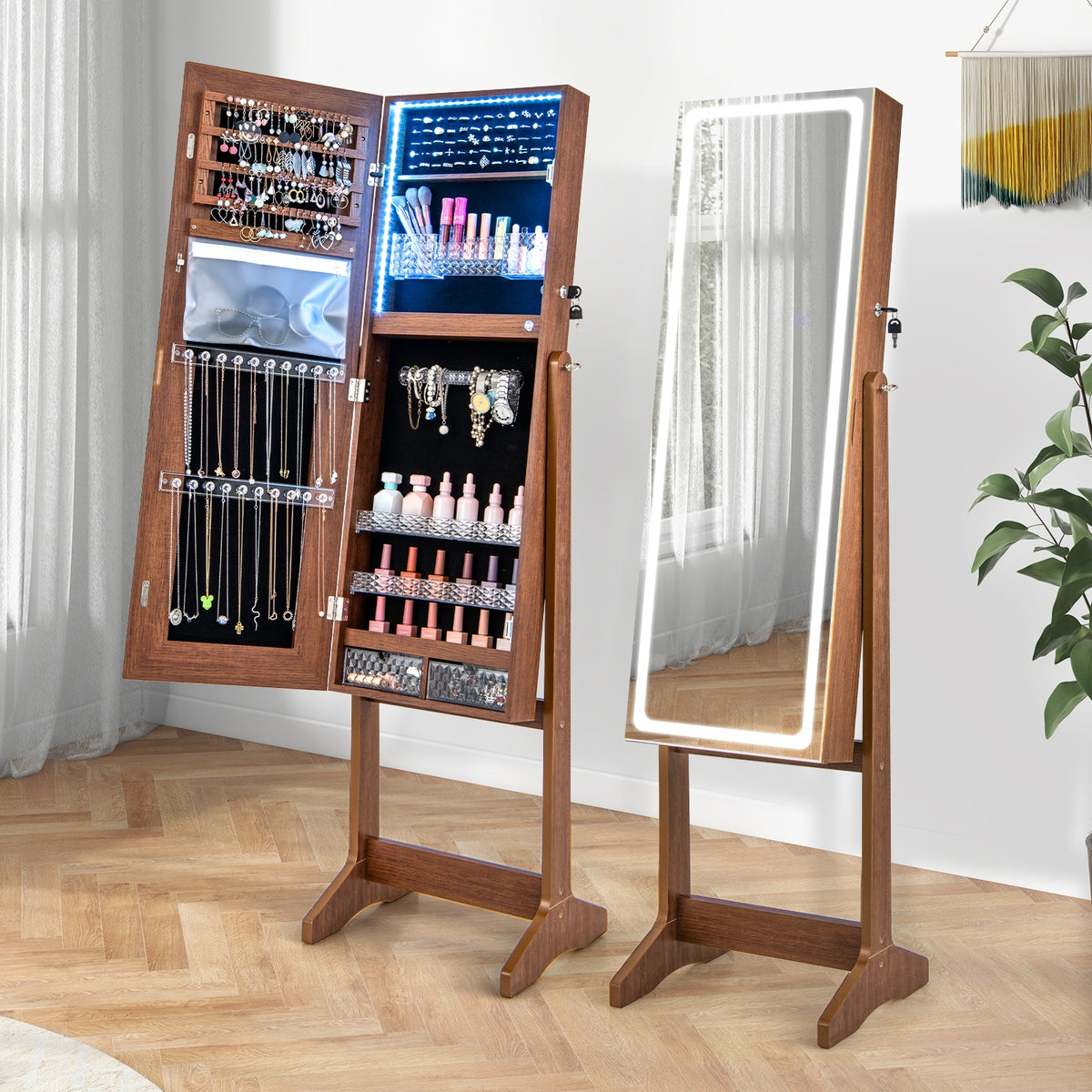 Lockable Jewelry Armoire, Walnut, With Lighted Full-Length Mirror Jewelry Armoires at Gallery Canada