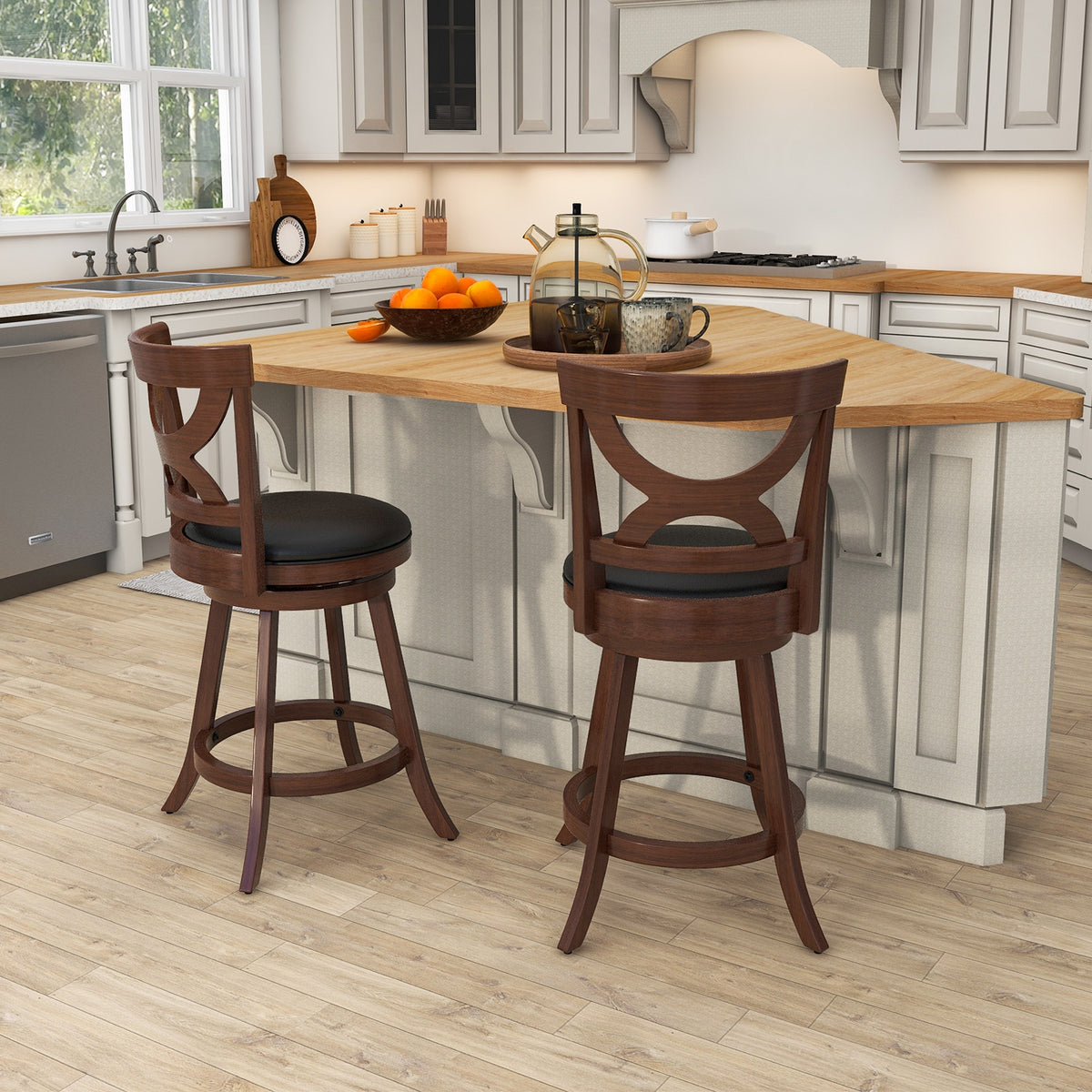 24 Inch Swivel Bar Stools, Set Of 2, Soft Cushion, Hollow Backrest, Brown Bar Stools at Gallery Canada