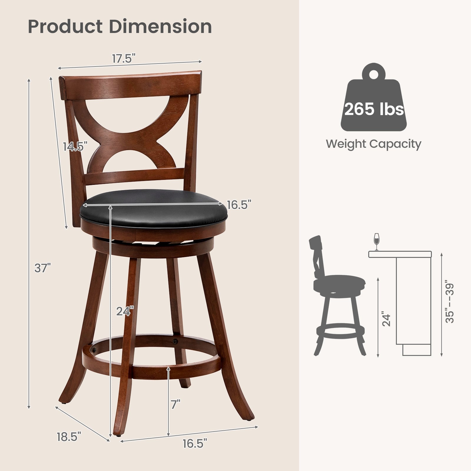 24 Inch Swivel Bar Stools, Set Of 2, Soft Cushion, Hollow Backrest, Brown Bar Stools at Gallery Canada